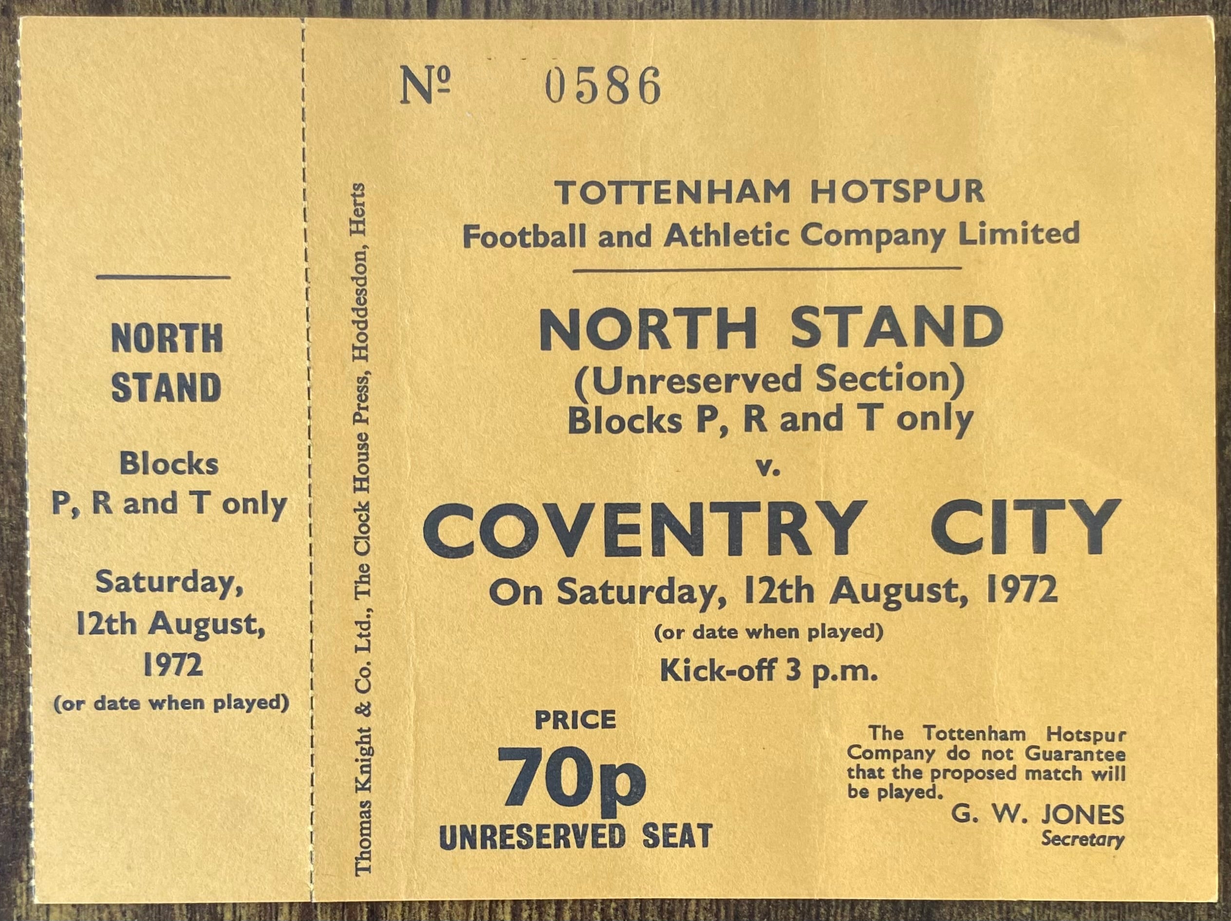 1972/73 ORIGINAL DIVISION ONE UNUSED TICKET TOTTENHAM HOTSPUR V COVENTRY CITY