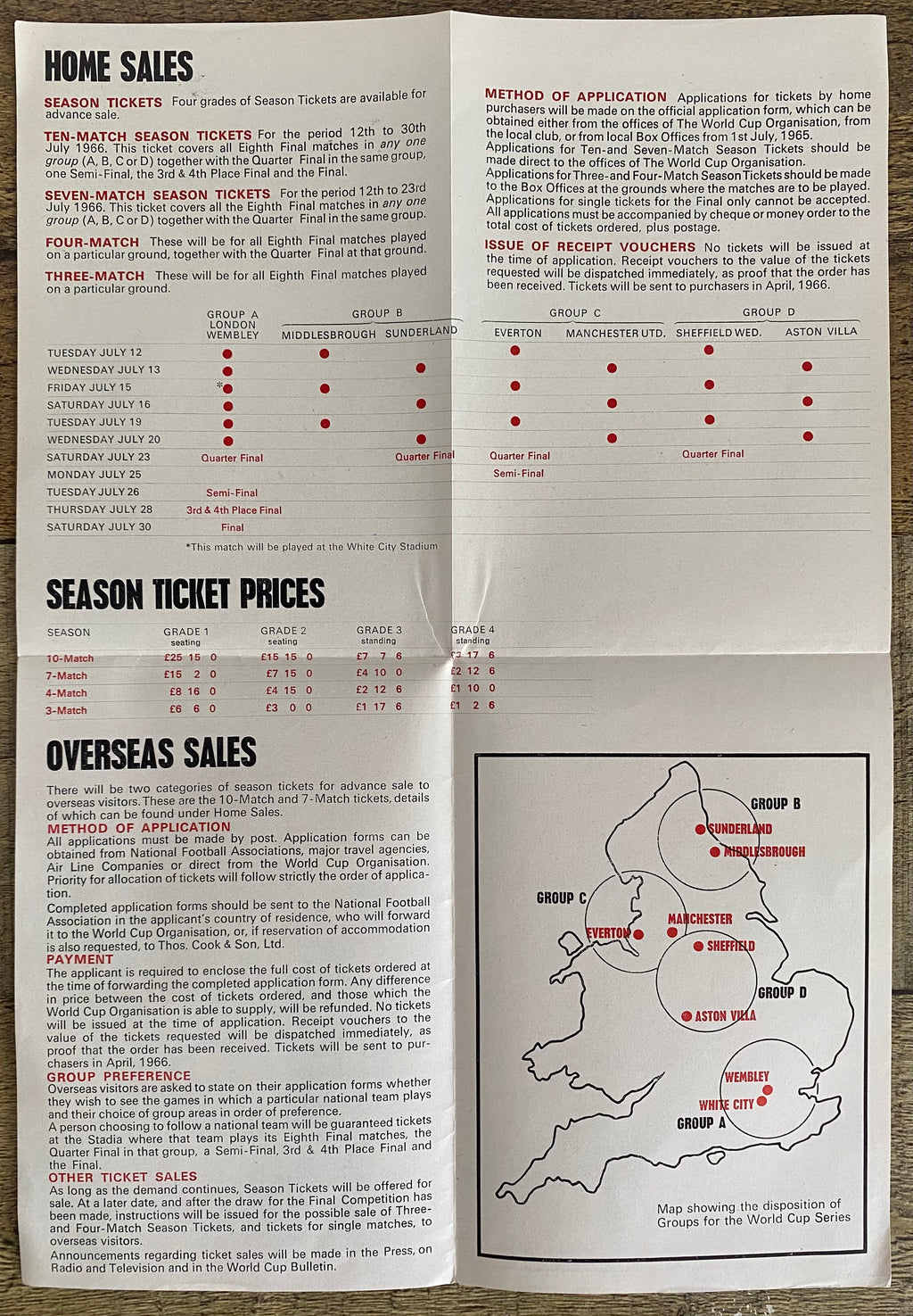 1966 WORLD CUP ORIGINAL OFFICIAL TICKET INFORMATION FOLD OUT BOOKLET