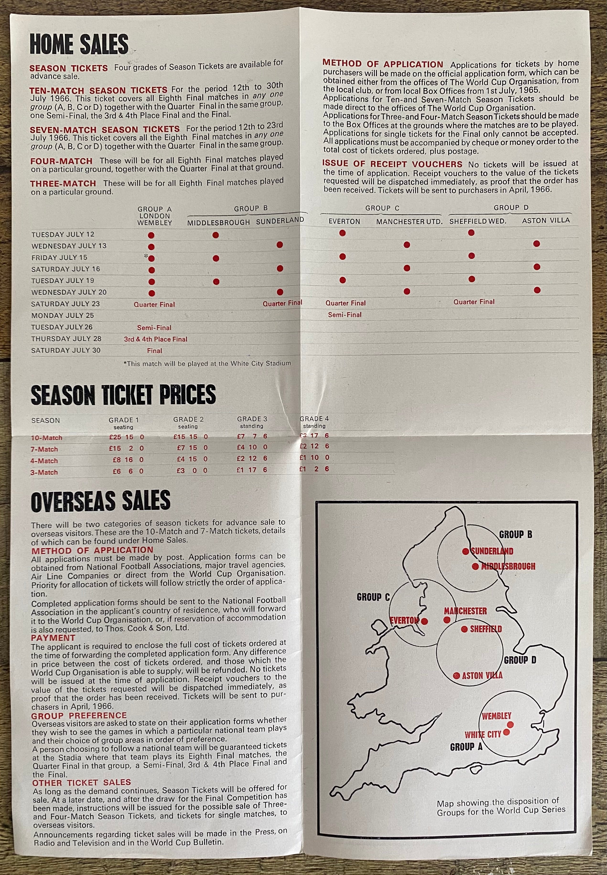 1966 WORLD CUP ORIGINAL OFFICIAL TICKET INFORMATION FOLD OUT BOOKLET