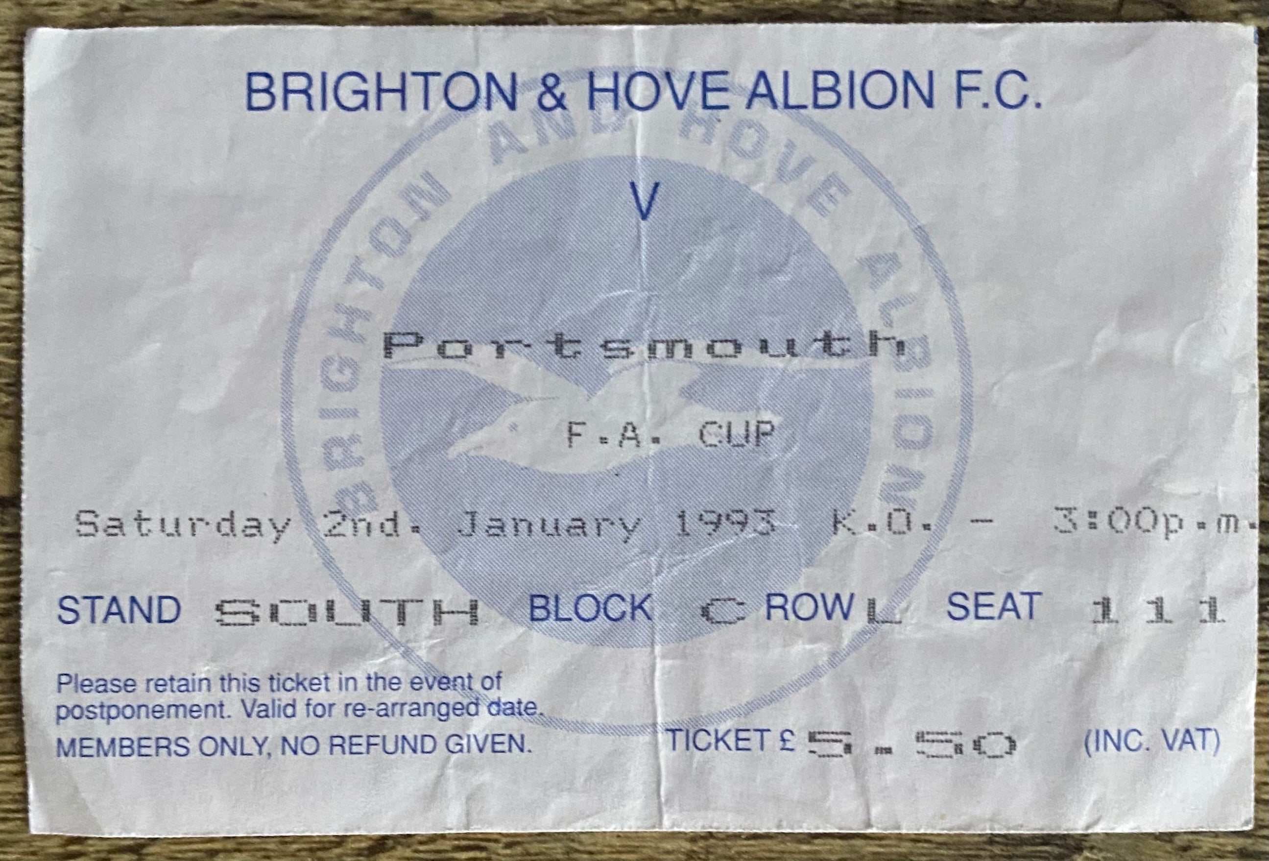 1992/93 ORIGINAL FA CUP 3RD ROUND TICKET BRIGHTON AND HOVE ALBION V PORTSMOUTH