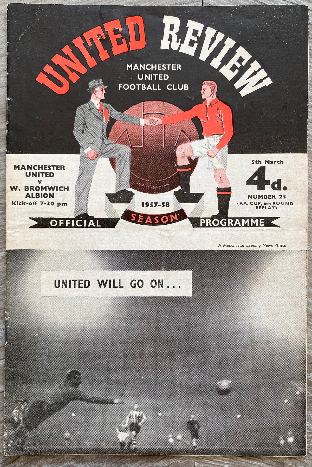 1957/58 ORIGINAL FA CUP 6TH ROUND REPLAY PROGRAMME MANCHESTER UNITED V WEST BROMWICH ALBION