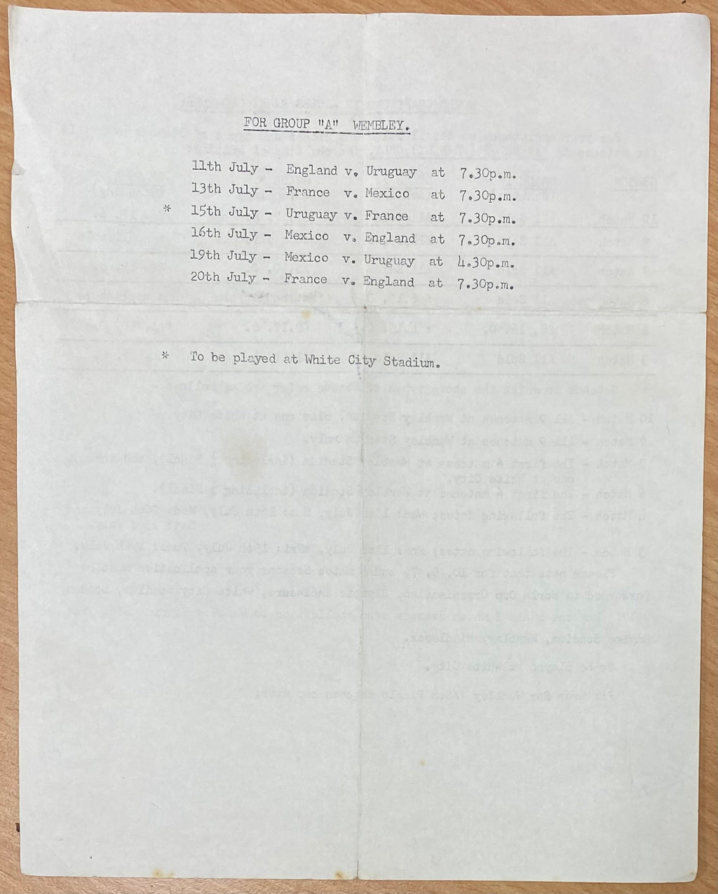1966 WORLD CUP ORIGINAL OFFICIAL TICKET AVAILABILITY INFORMATION SHEET