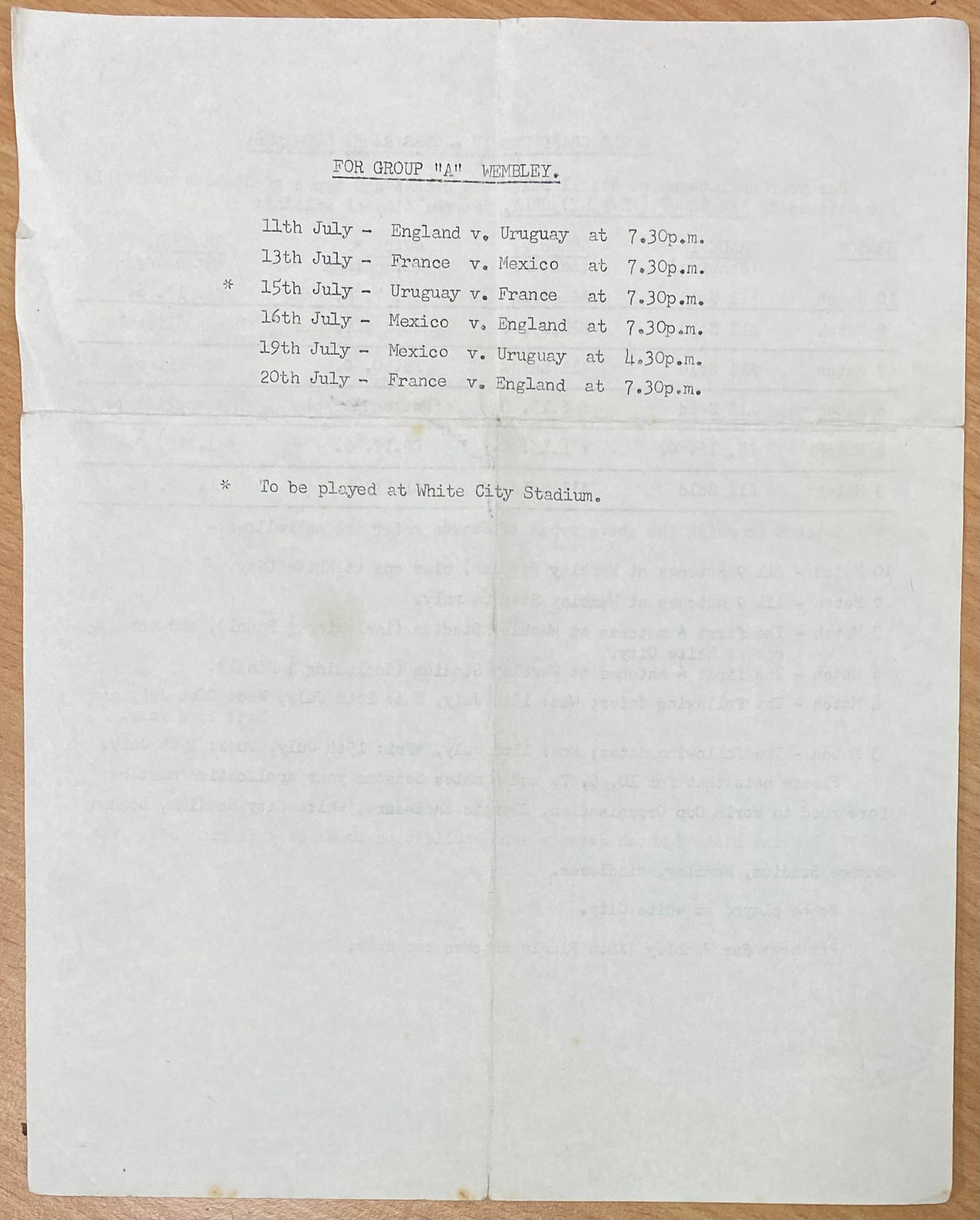 1966 WORLD CUP ORIGINAL OFFICIAL TICKET AVAILABILITY INFORMATION SHEET