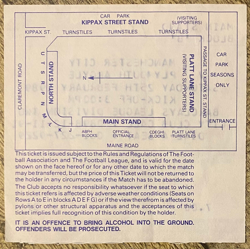 1988/89 ORIGINAL DIVISION 2 TICKET MANCHESTER CITY V PLYMOUTH ARGYLE