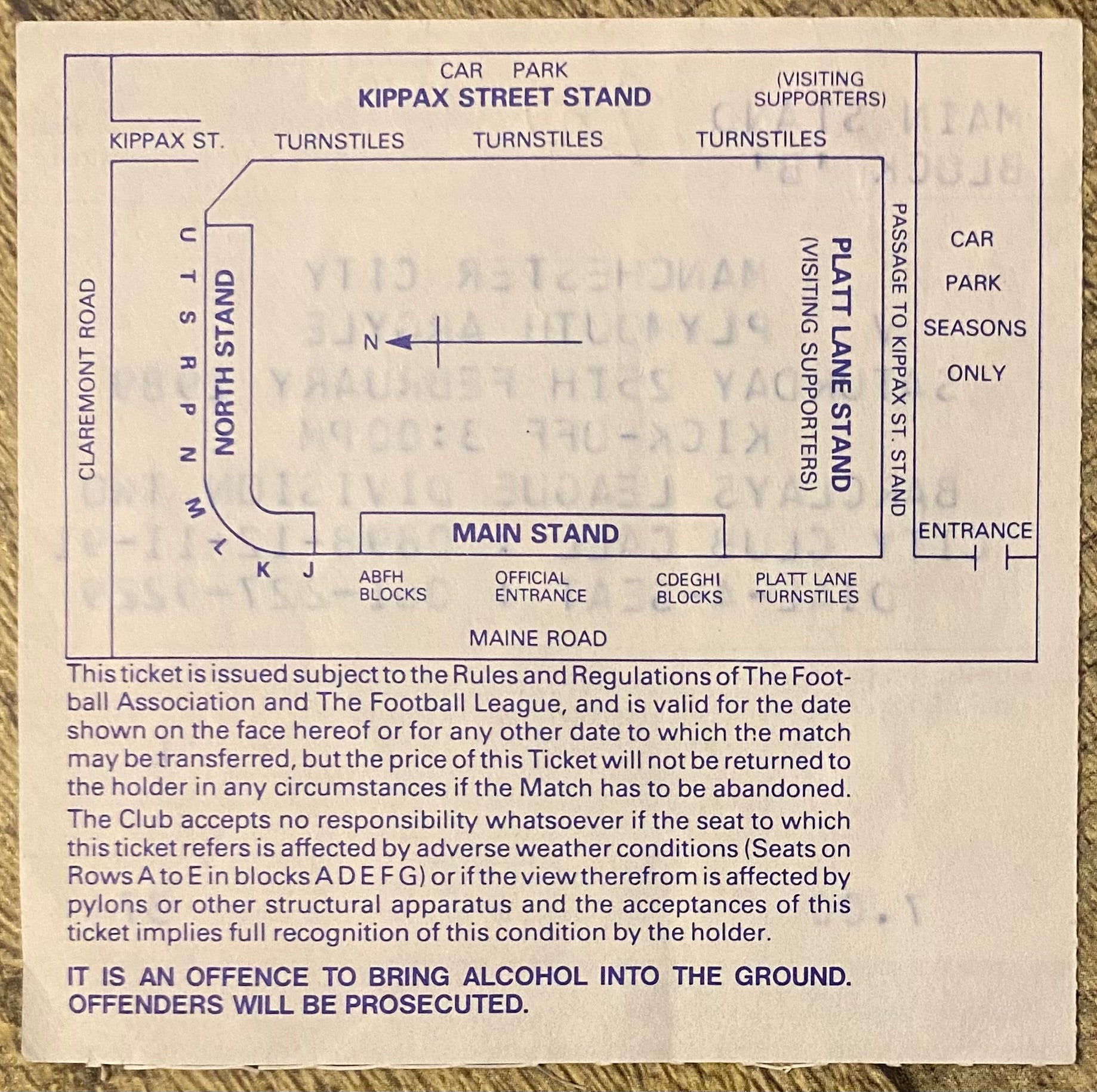 1988/89 ORIGINAL DIVISION 2 TICKET MANCHESTER CITY V PLYMOUTH ARGYLE