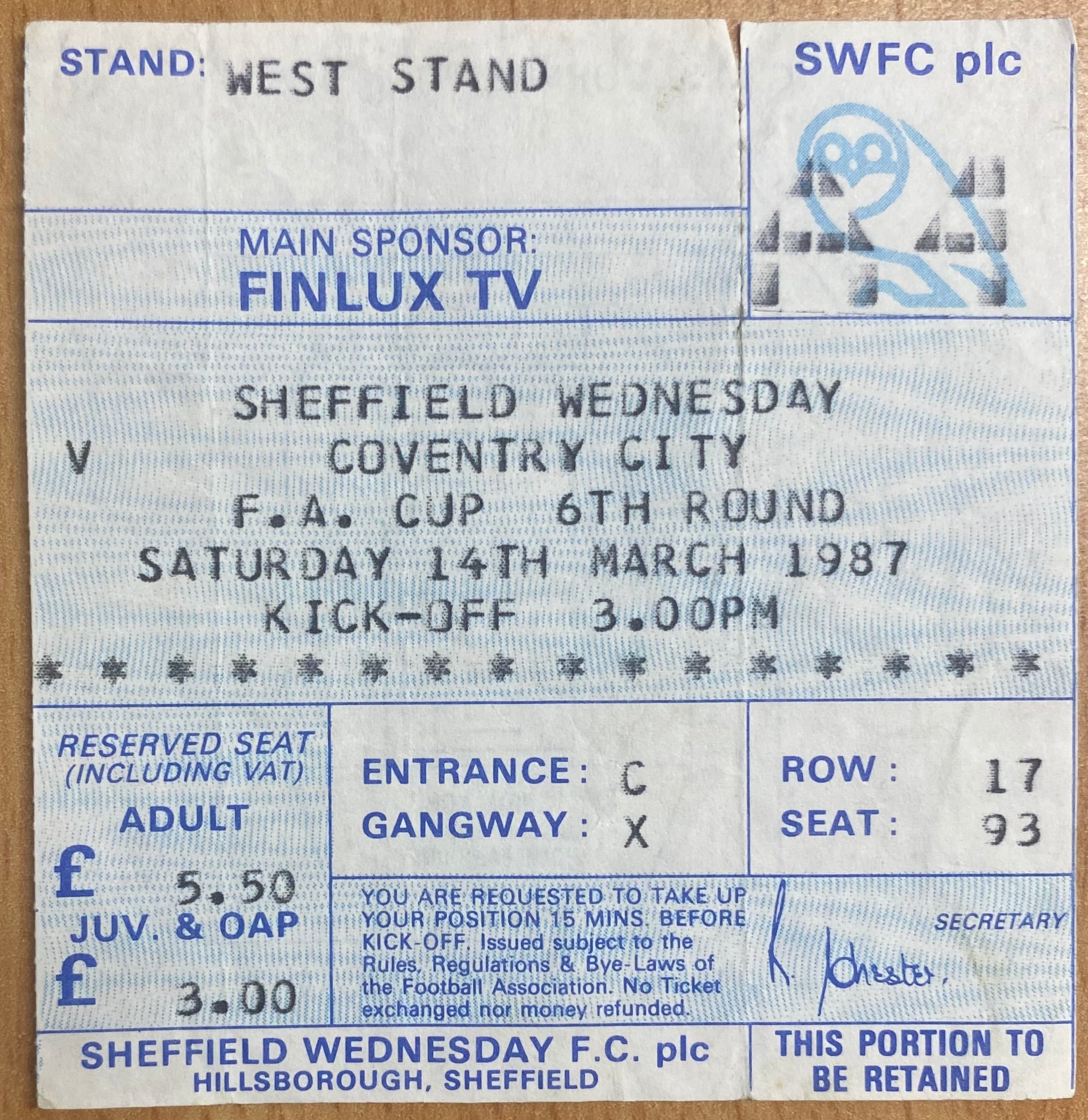 1986/87 ORIGINAL FA CUP 6TH ROUND TICKET SHEFFIELD WEDNESDAY V COVENTRY CITY