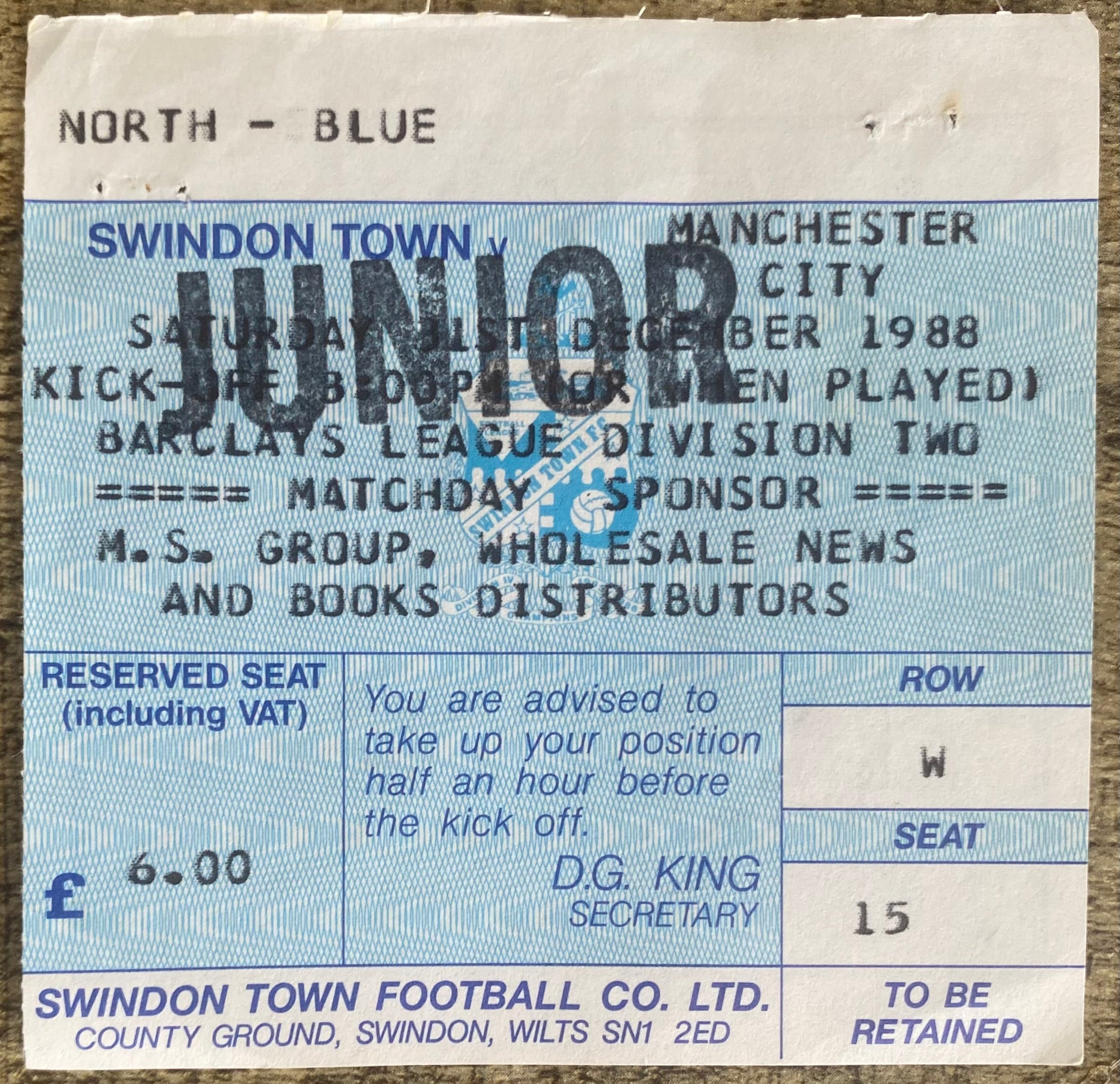1988/89 ORIGINAL DIVISION 2 TICKET SWINDON TOWN V MANCHESTER CITY