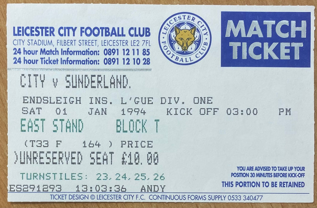 1993/94 ORIGINAL DIVISION 1 TICKET LEICESTER CITY V SUNDERLAND