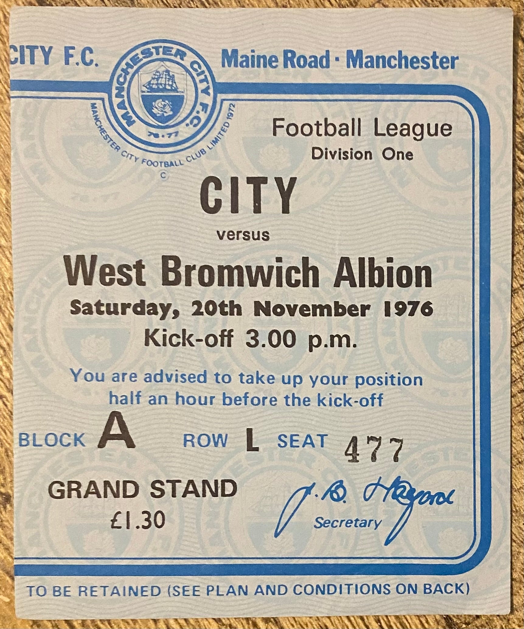 1976/77 ORIGINAL DIVISION 1 TICKET MANCHESTER CITY V WEST BROMWICH ALBION