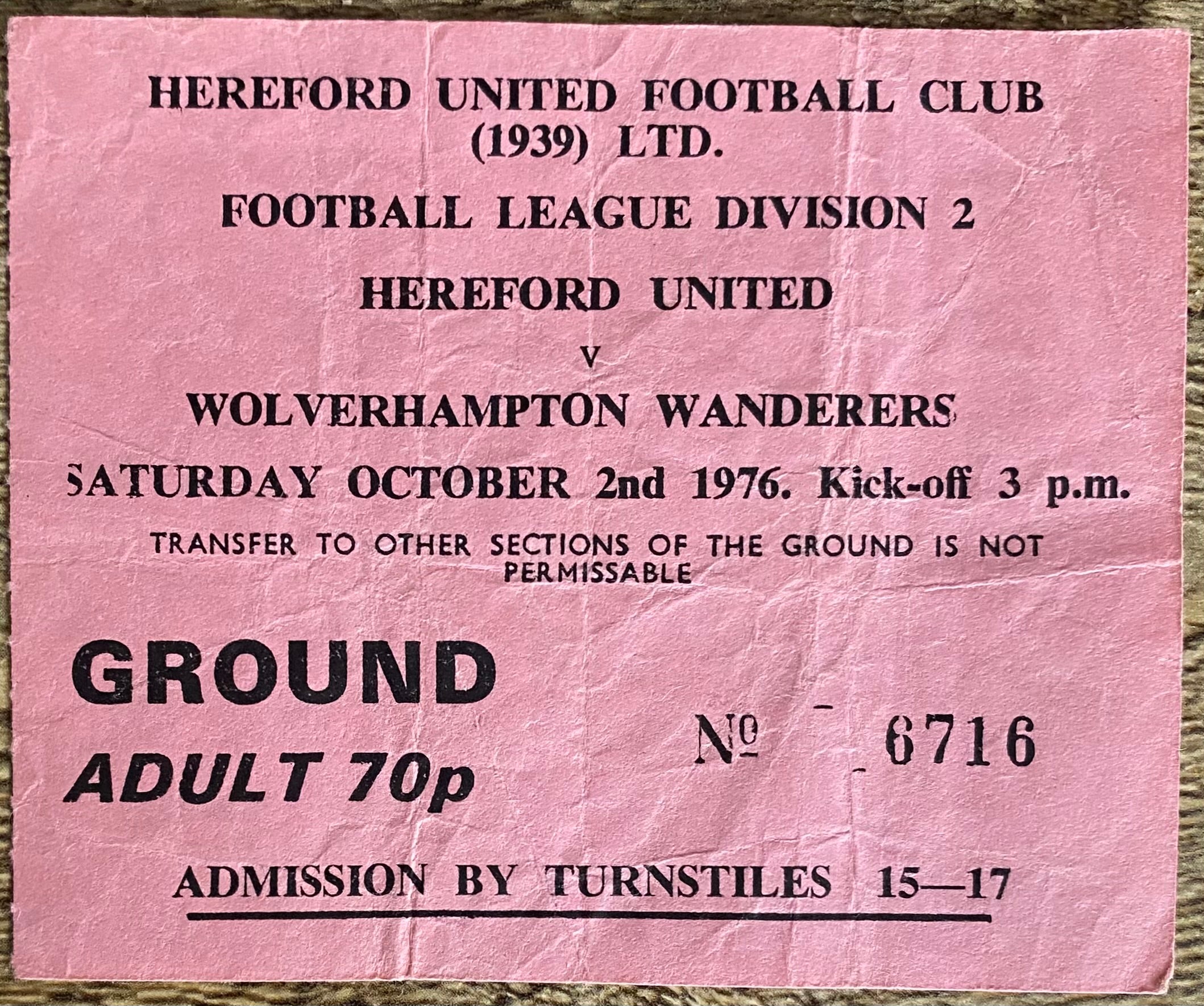 1976/77 ORIGINAL DIVISION 2 TICKET HEREFORD UNITED V WOLVERHAMPTON WANDERERS