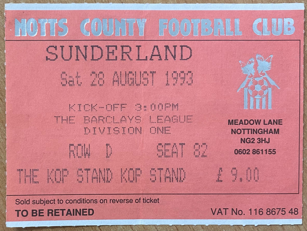1993/94 ORIGINAL DIVISION 1 TICKET NOTTS COUNTY V SUNDERLAND