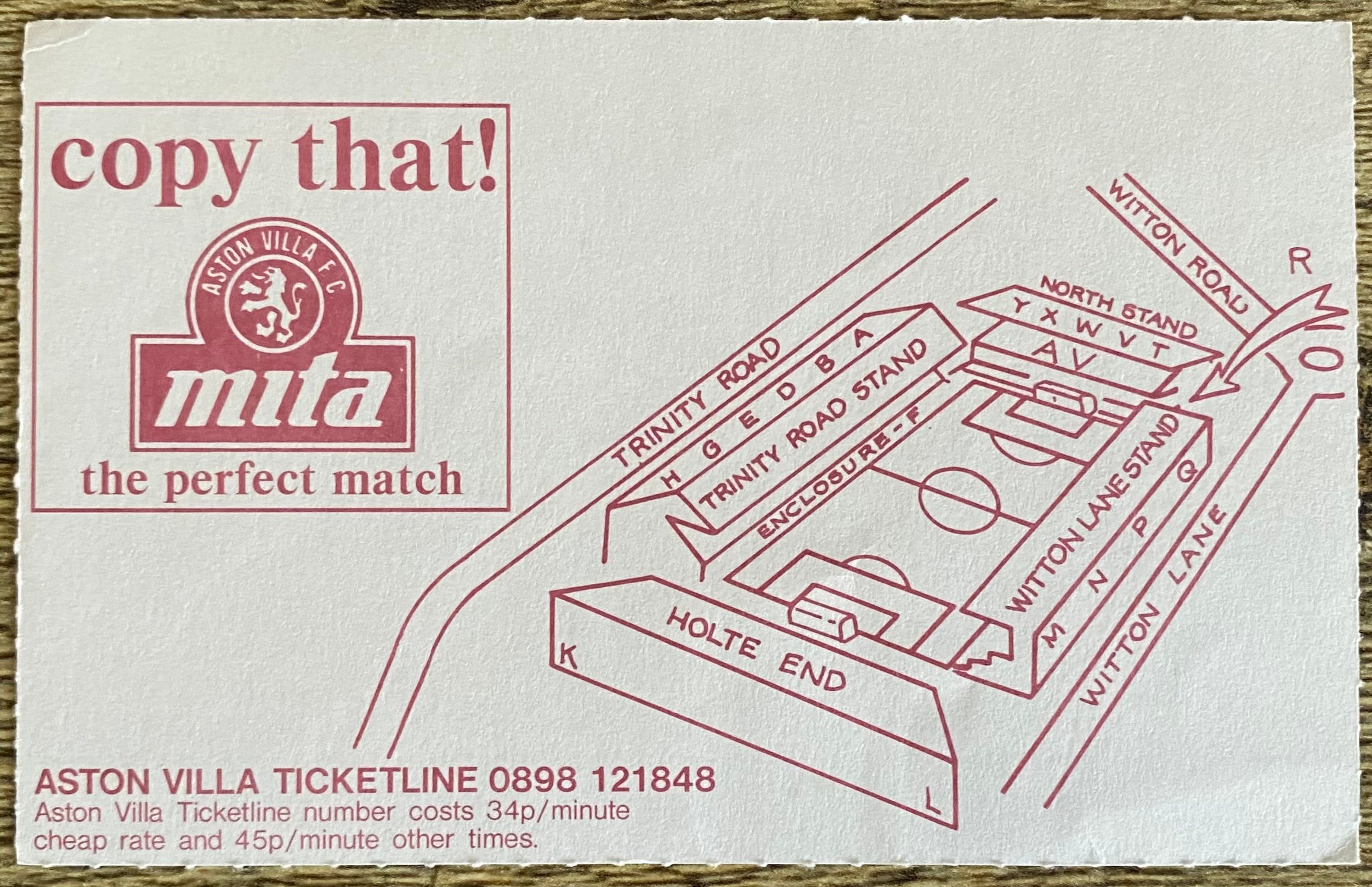1992/93 ORIGINAL PREMIER LEAGUE TICKET ASTON VILLA V SOUTHAMPTON