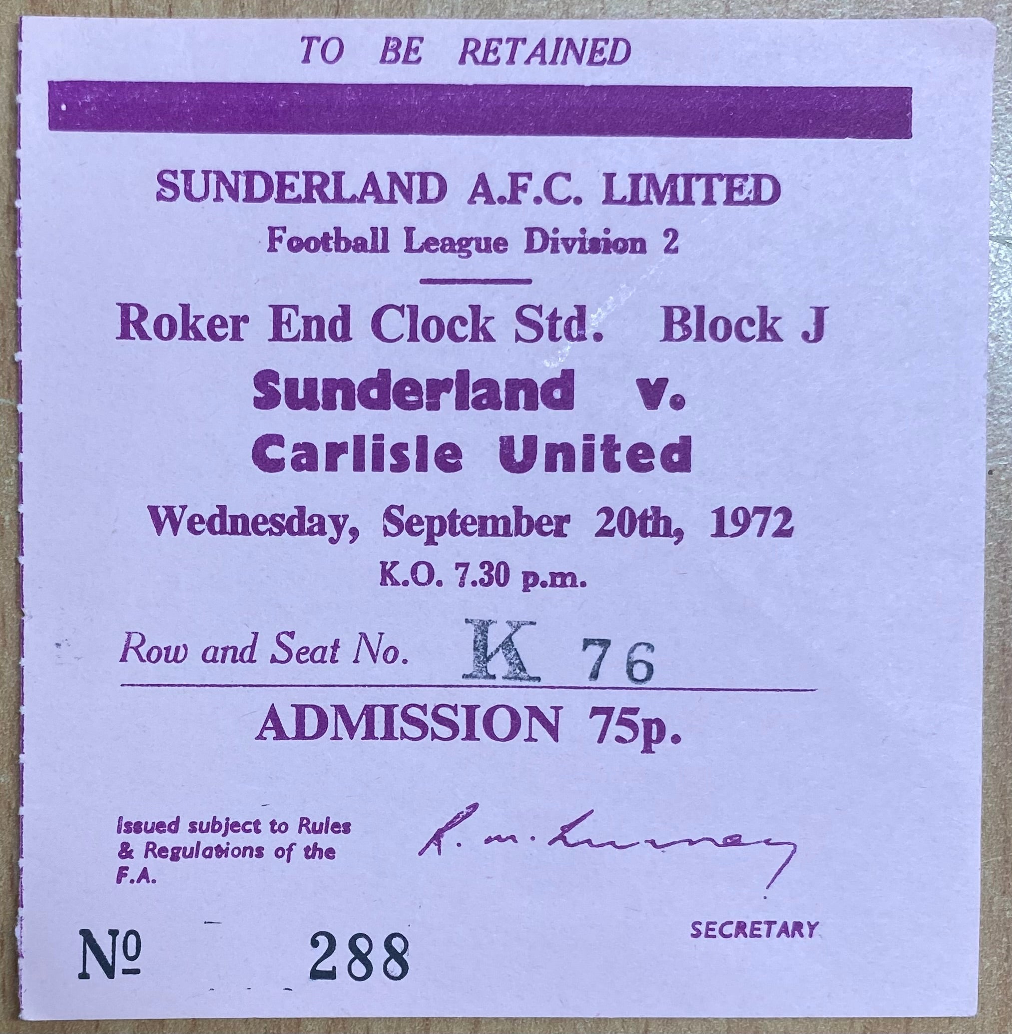 1972/73 ORIGINAL DIVISION 2 TICKET SUNDERLAND V CARLISLE UNITED