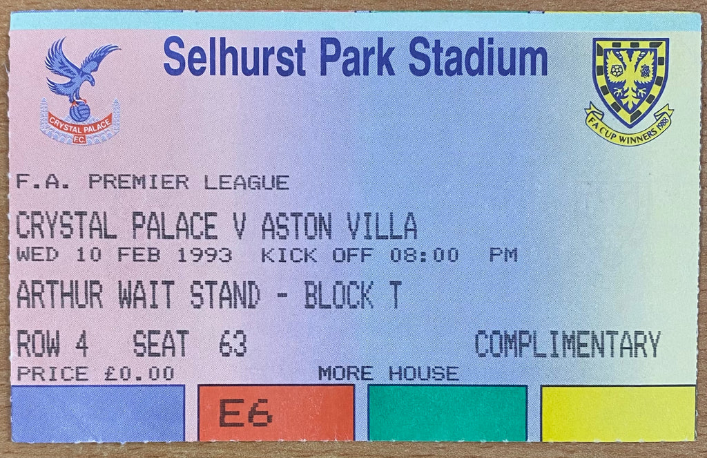 1992/93 ORIGINAL PREMIER LEAGUE TICKET CRYSTAL PALACE V ASTON VILLA