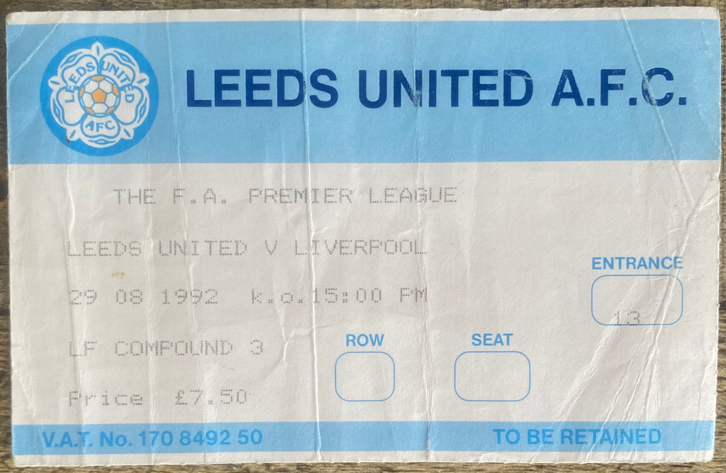 1992/93 ORIGINAL PREMIER LEAGUE TICKET LEEDS UNITED V LIVERPOOL