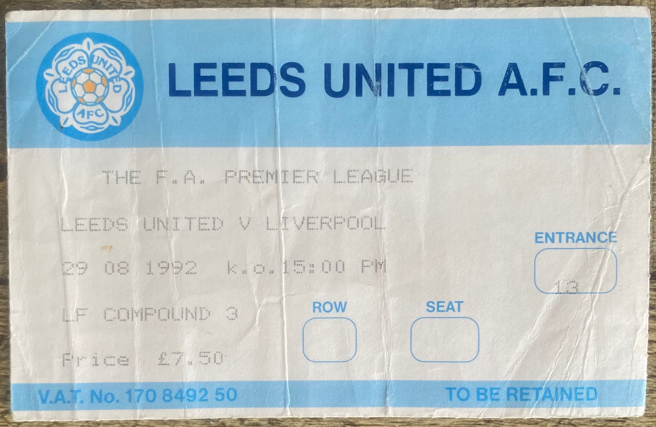 1992/93 ORIGINAL PREMIER LEAGUE TICKET LEEDS UNITED V LIVERPOOL