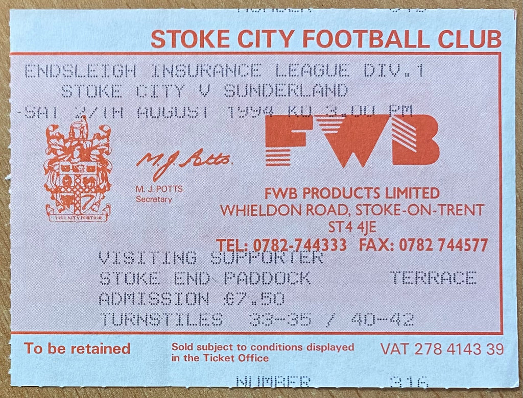 1994/95 ORIGINAL DIVISION 1 TICKET STOKE CITY  V SUNDERLAND