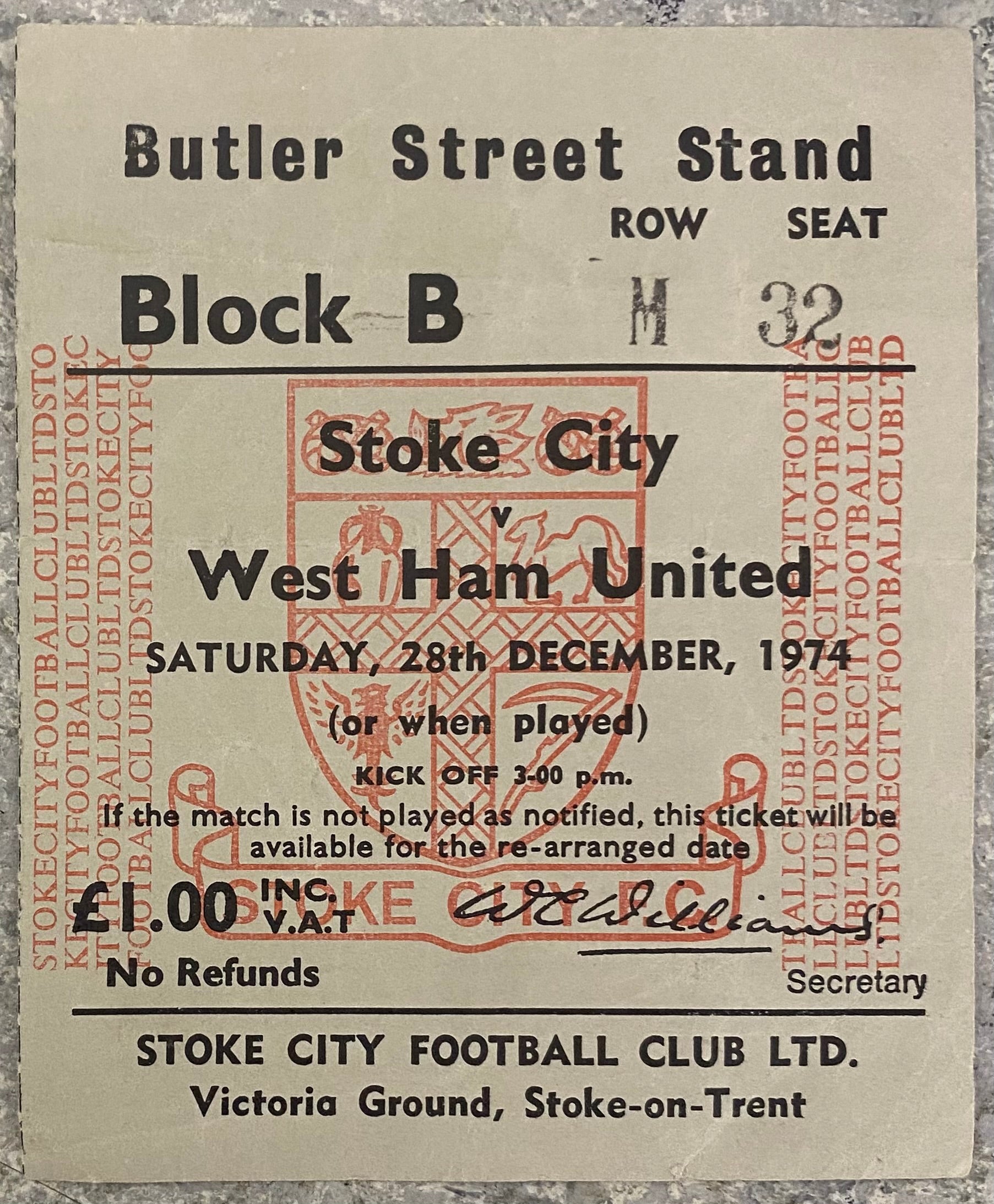 1974/75 ORIGINAL DIVISION ONE TICKET STOKE CITY V WEST HAM UNITED