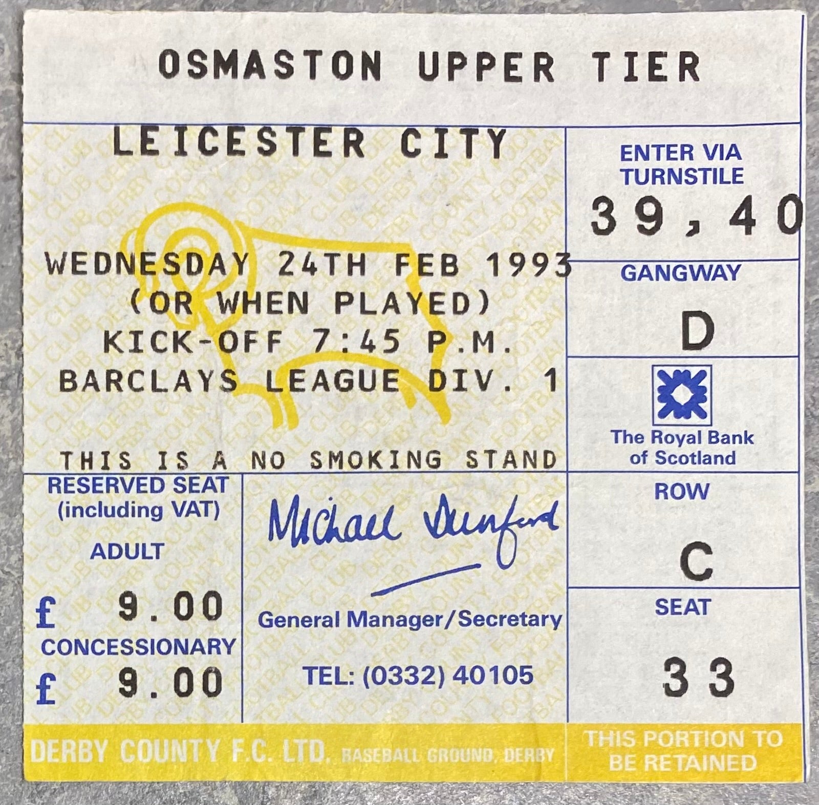 1992/93 ORIGINAL DIVISION ONE TICKET DERBY COUNTY V LEICESTER CITY
