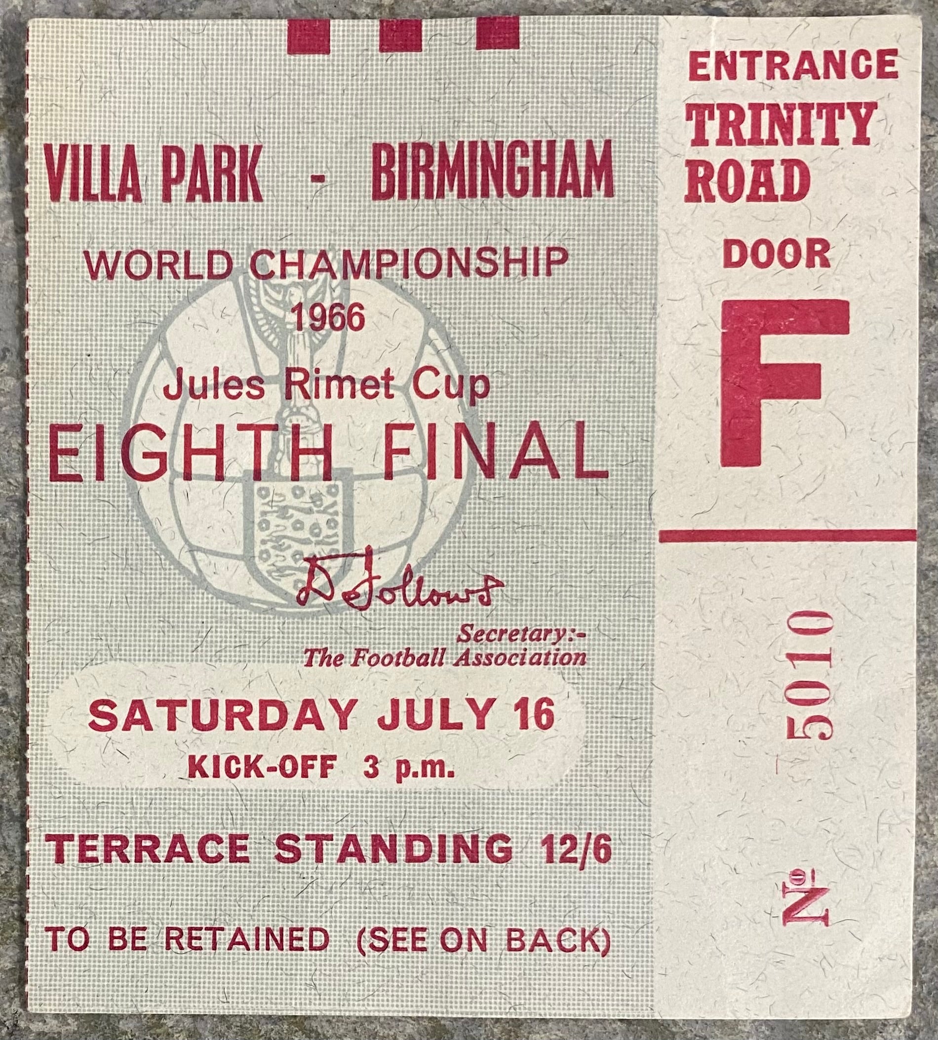 1966 ORIGINAL WORLD CUP 1ST ROUND TICKET WEST GERMANY V ARGENTINA @ VILLA PARK