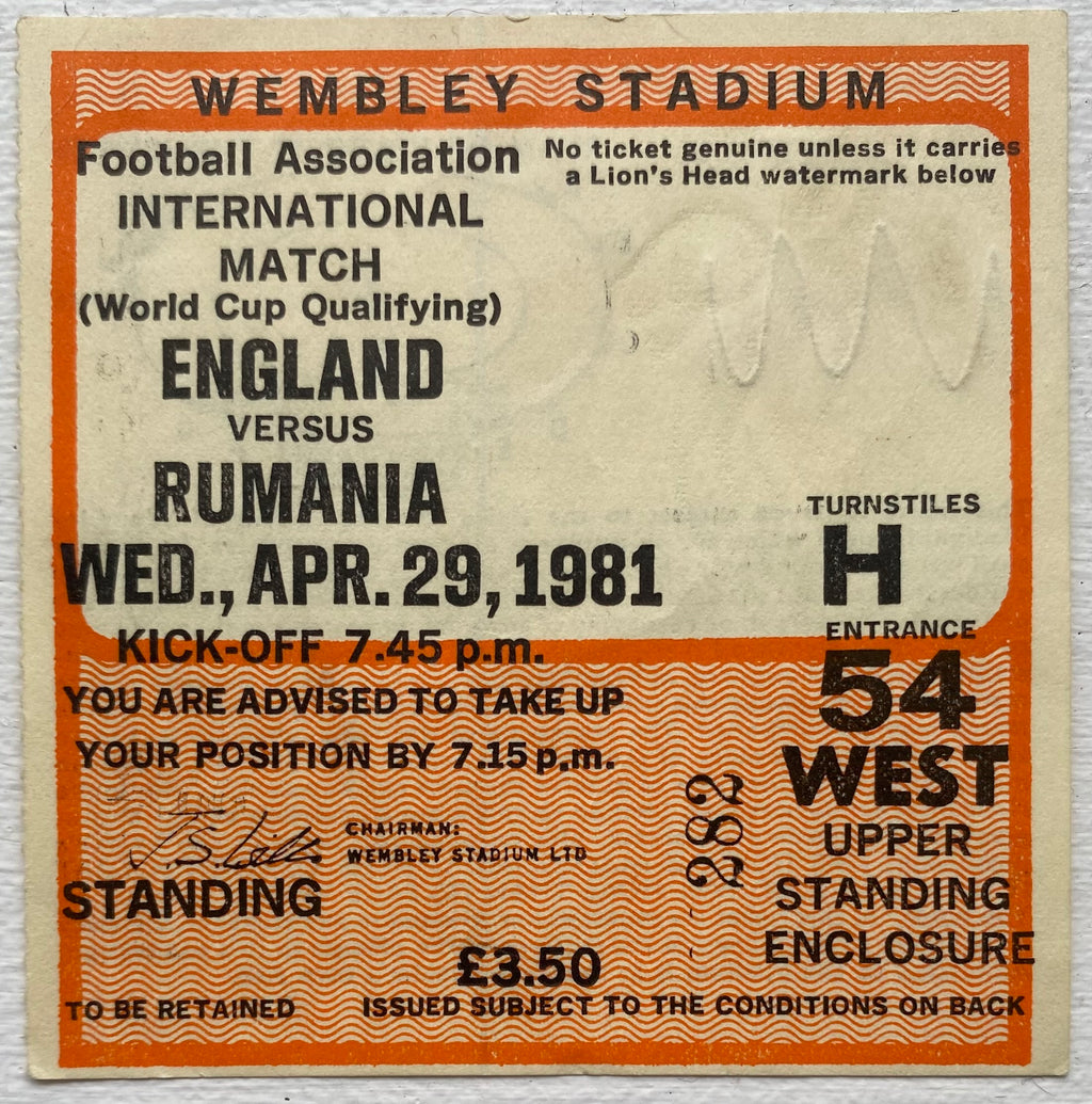 1981 ORIGINAL WORLD CUP QUALIFYING TICKET ENGLAND V ROMANIA