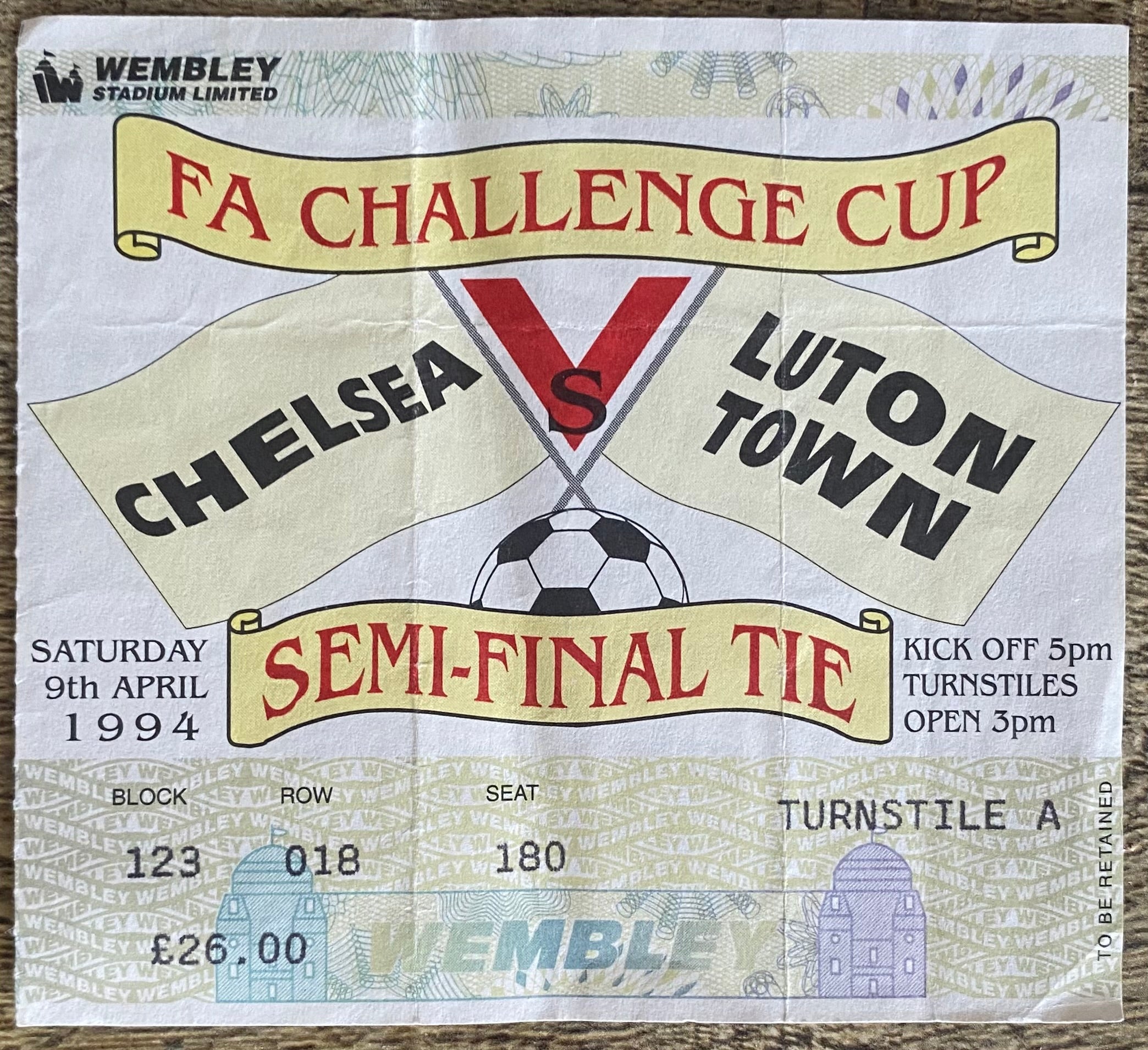 1994 ORIGINAL FA CUP SEMI FINAL TICKET CHELSEA V LUTON TOWN