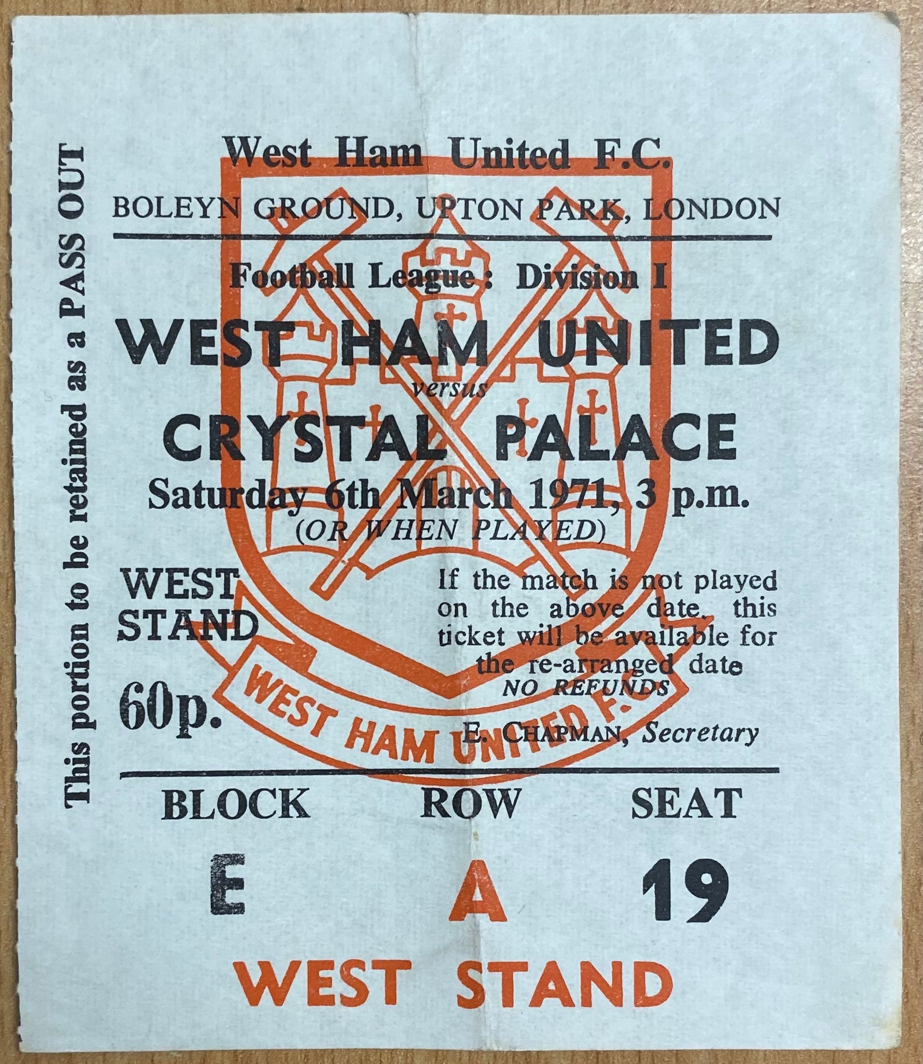 1970/71 ORIGINAL DIVISION 1 TICKET WEST HAM UNITED V CRYSTAL PALACE