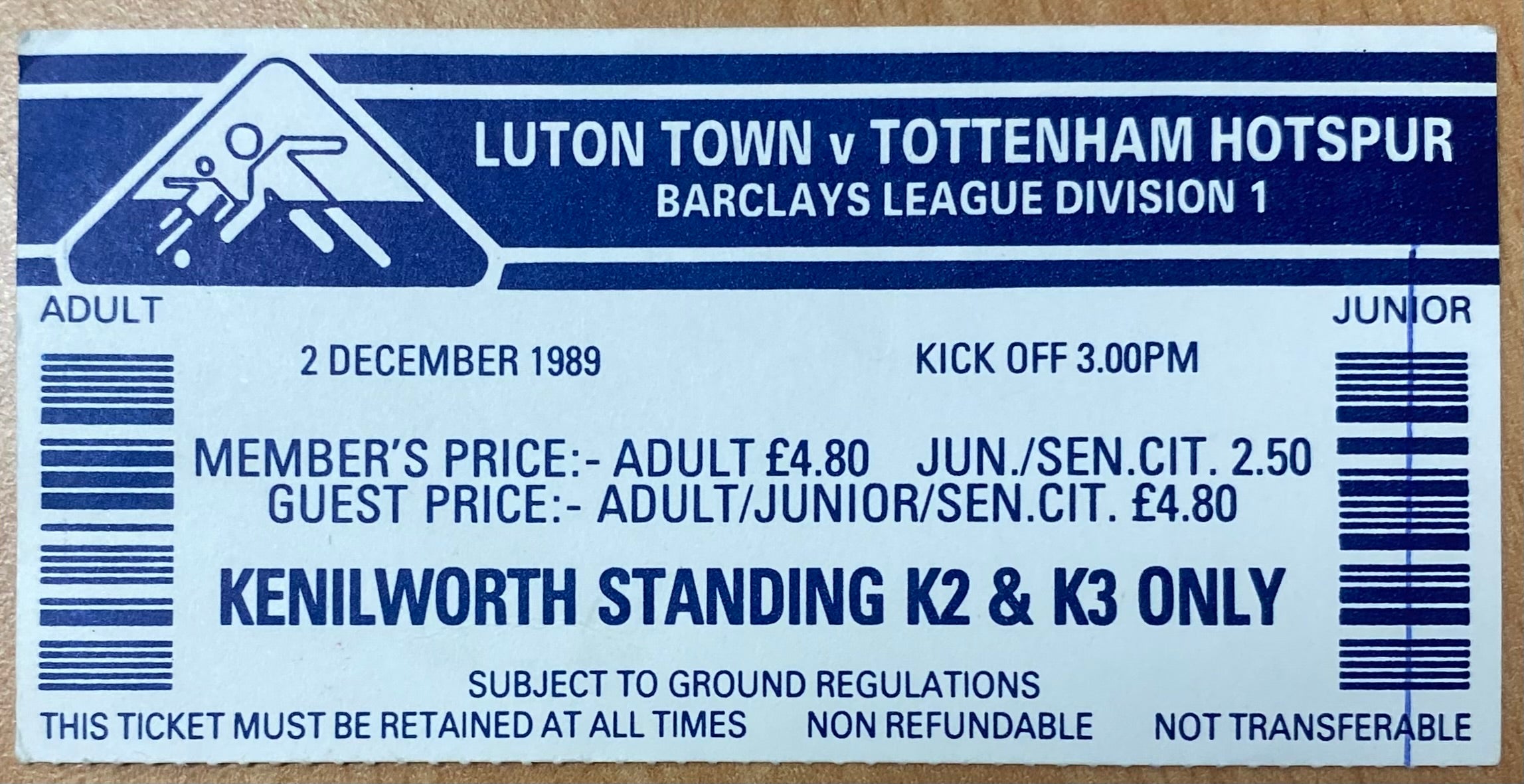 1989/90 ORIGINAL DIVISION ONE TICKET LUTON TOWN V TOTTENHAM HOTSPUR