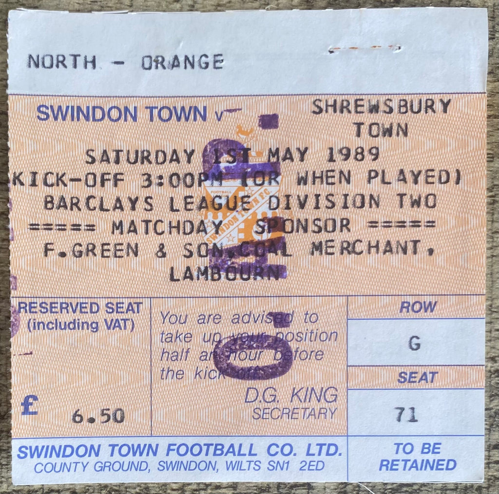 1988/89 ORIGINAL DIVISION 2 TICKET SWINDON TOWN V SHREWSBURY TOWN
