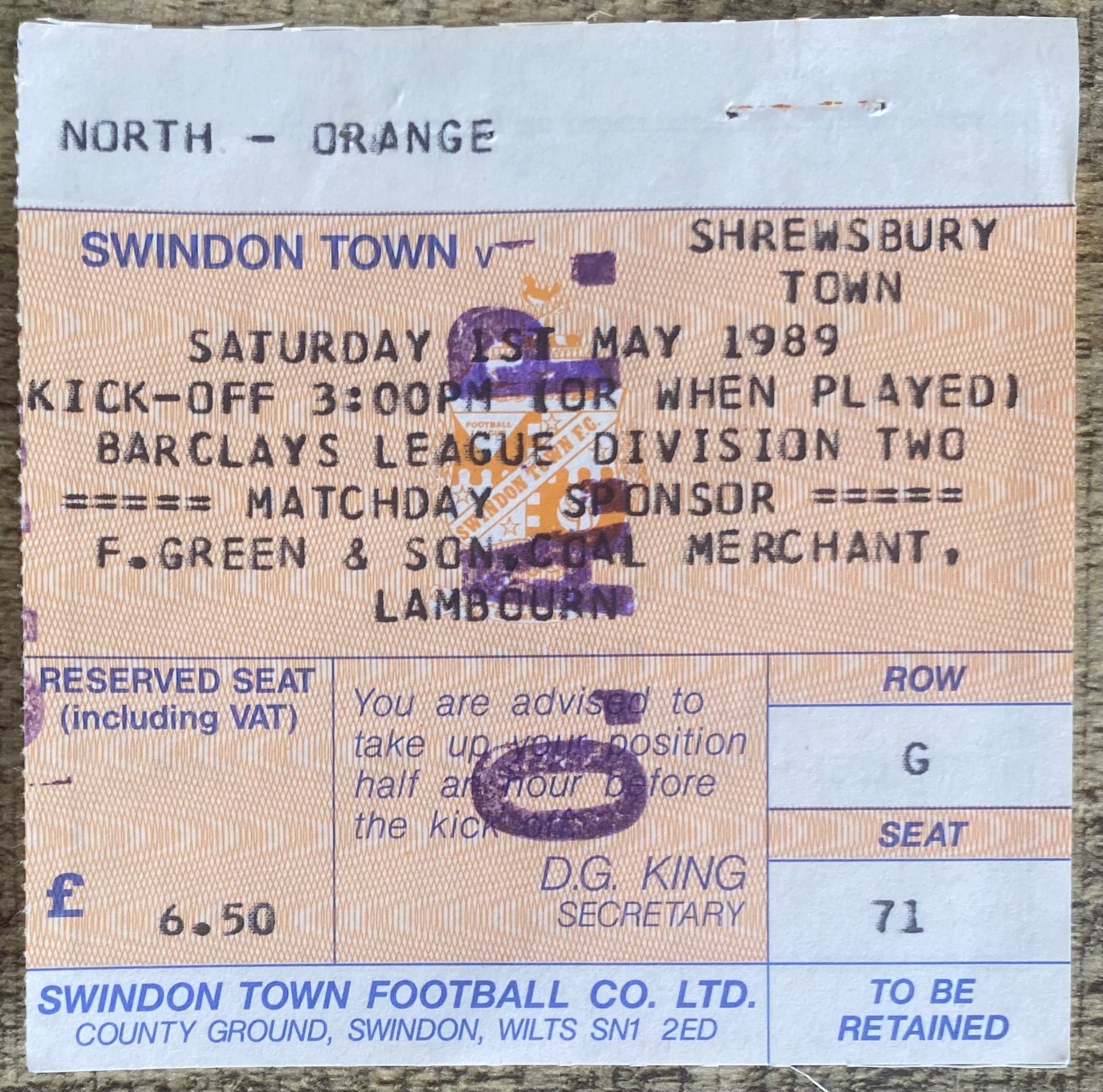 1988/89 ORIGINAL DIVISION 2 TICKET SWINDON TOWN V SHREWSBURY TOWN