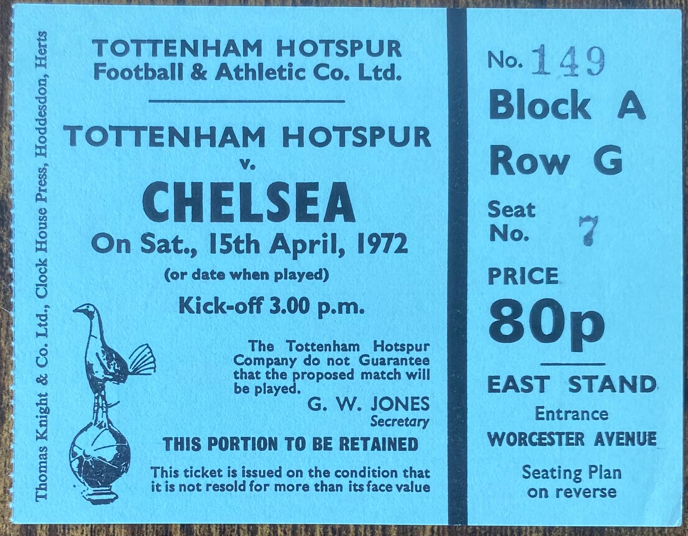 1971/72 ORIGINAL DIVISION ONE TICKET TOTTENHAM HOTSPUR V CHELSEA
