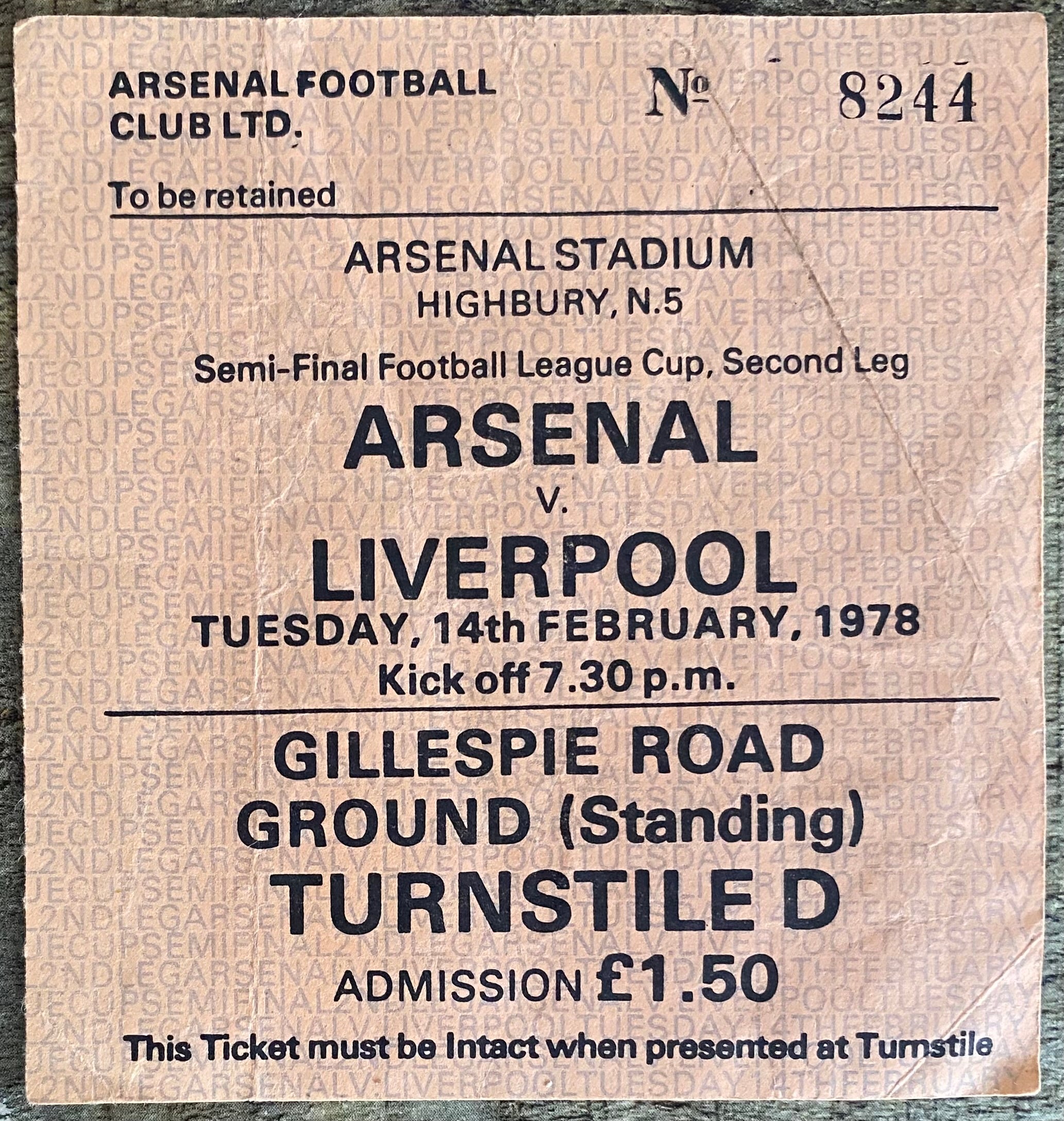 1977/78 ORIGINAL FOOTBALL LEAGUE CUP SEMI FINAL 2ND LEG TICKET ARSENAL V LIVERPOOL