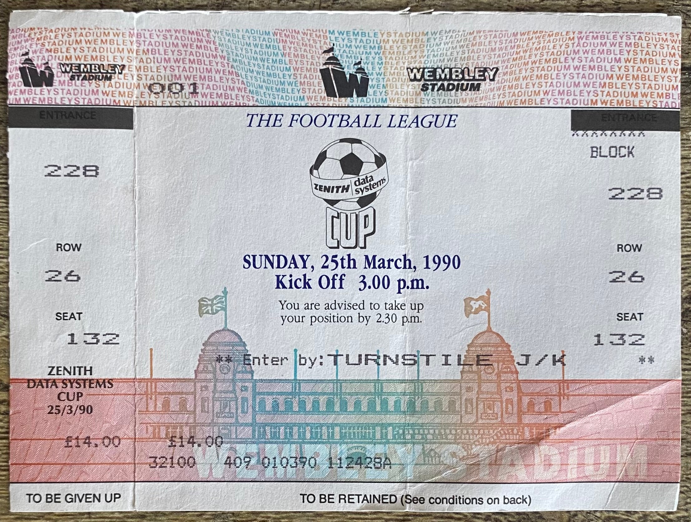 1990 ORIGINAL ZENITH DATA SYSTEMS CUP FINAL UNUSED TICKET CHELSEA V MIDDLEBROUGH