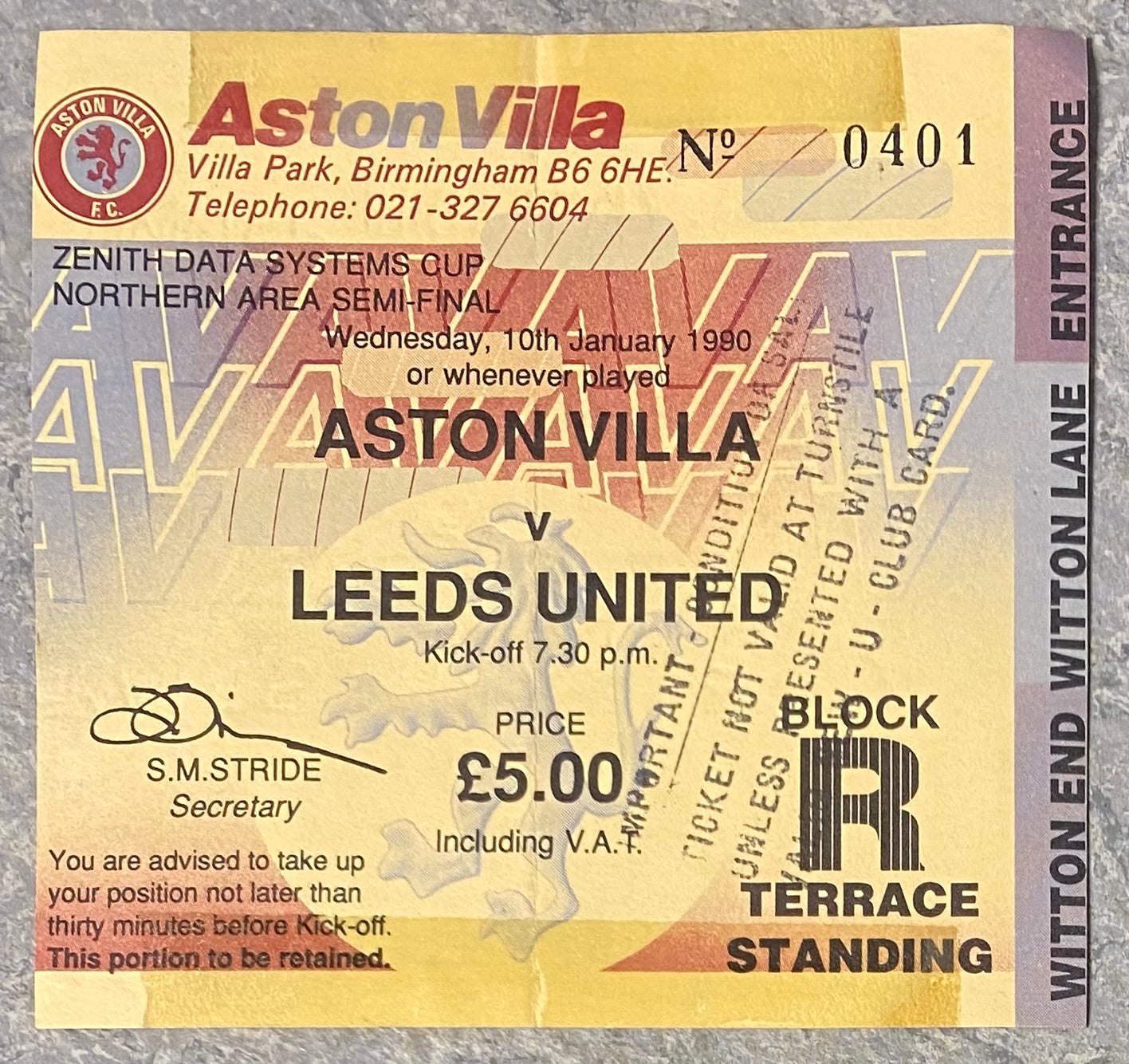 1989/90 ORIGINAL ZENITH DATA SYSTEMS CUP SEMI FINAL TICKET ASTON VILLA V LEEDS UNITED