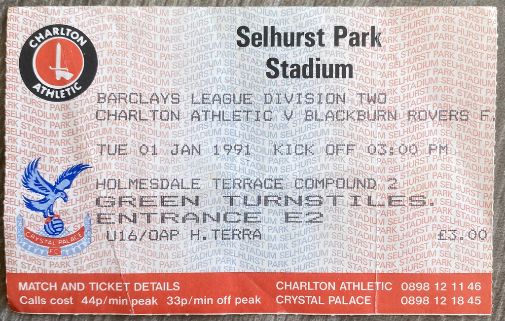 1990/91 ORIGINAL DIVISION 2 TICKET CHARLTON ATHLETIC V BLACKBURN ROVERS