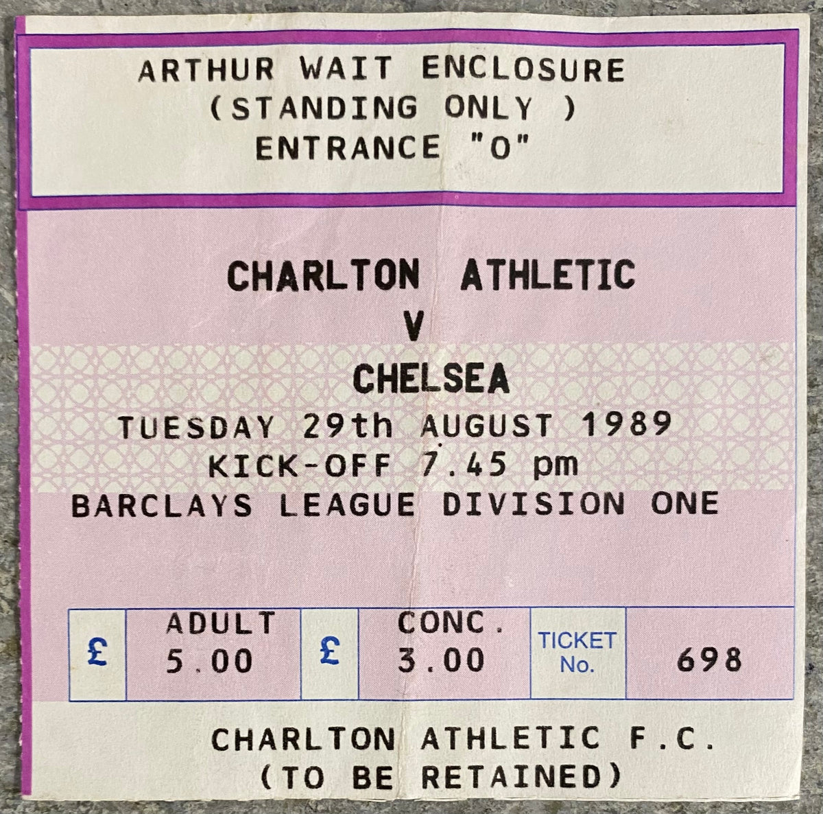 1989/90 ORIGINAL DIVISION 1 TICKET CHARLTON ATHLETIC V CHELSEA