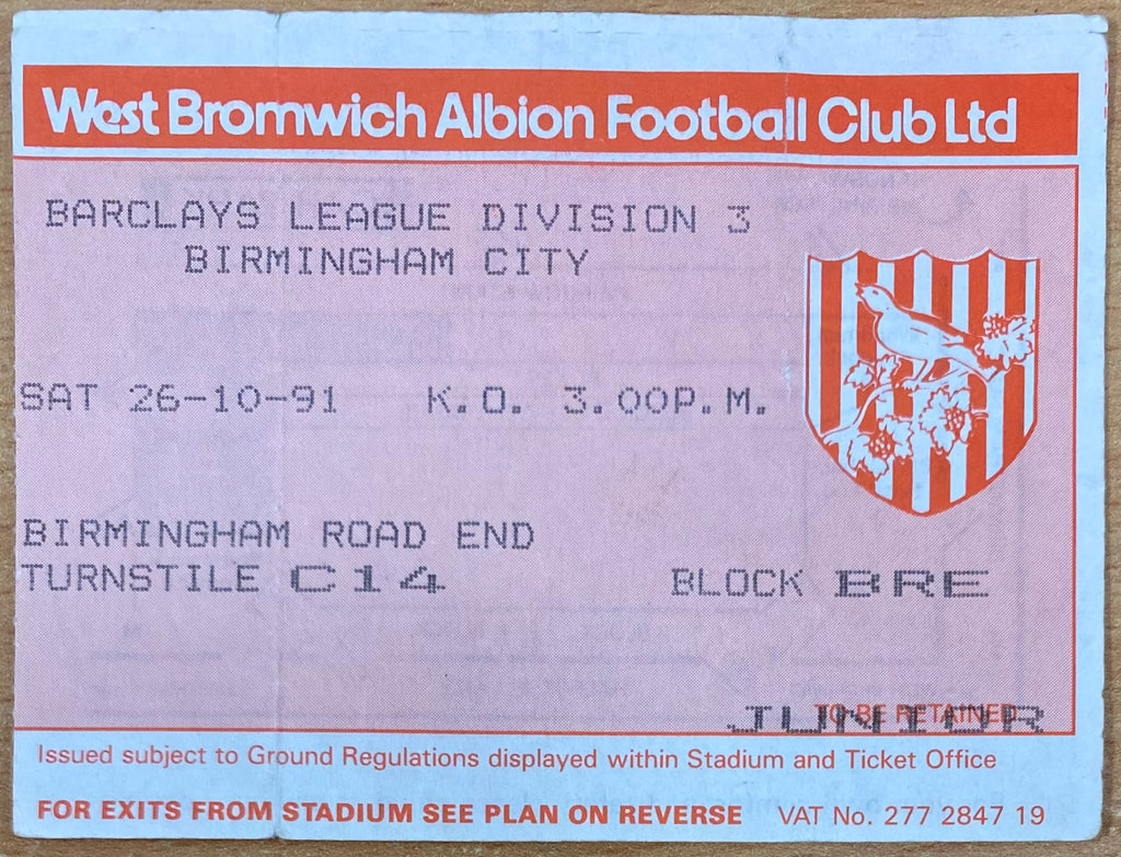1991/92 ORIGINAL DIVISION 3 TICKET WEST BROMWICH ALBION V BIRMINGHAM CITY
