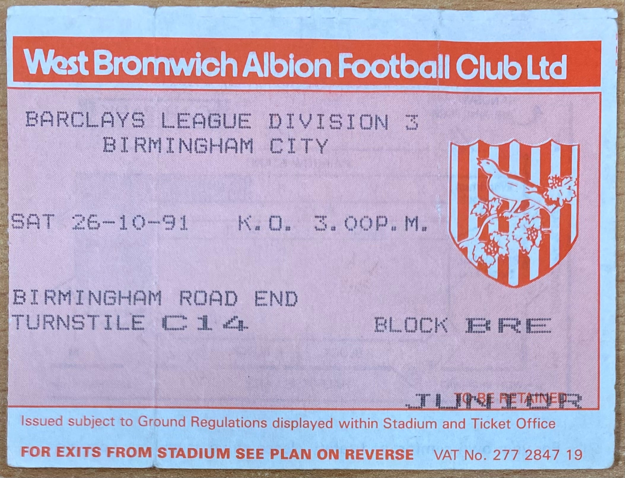 1991/92 ORIGINAL DIVISION 3 TICKET WEST BROMWICH ALBION V BIRMINGHAM CITY