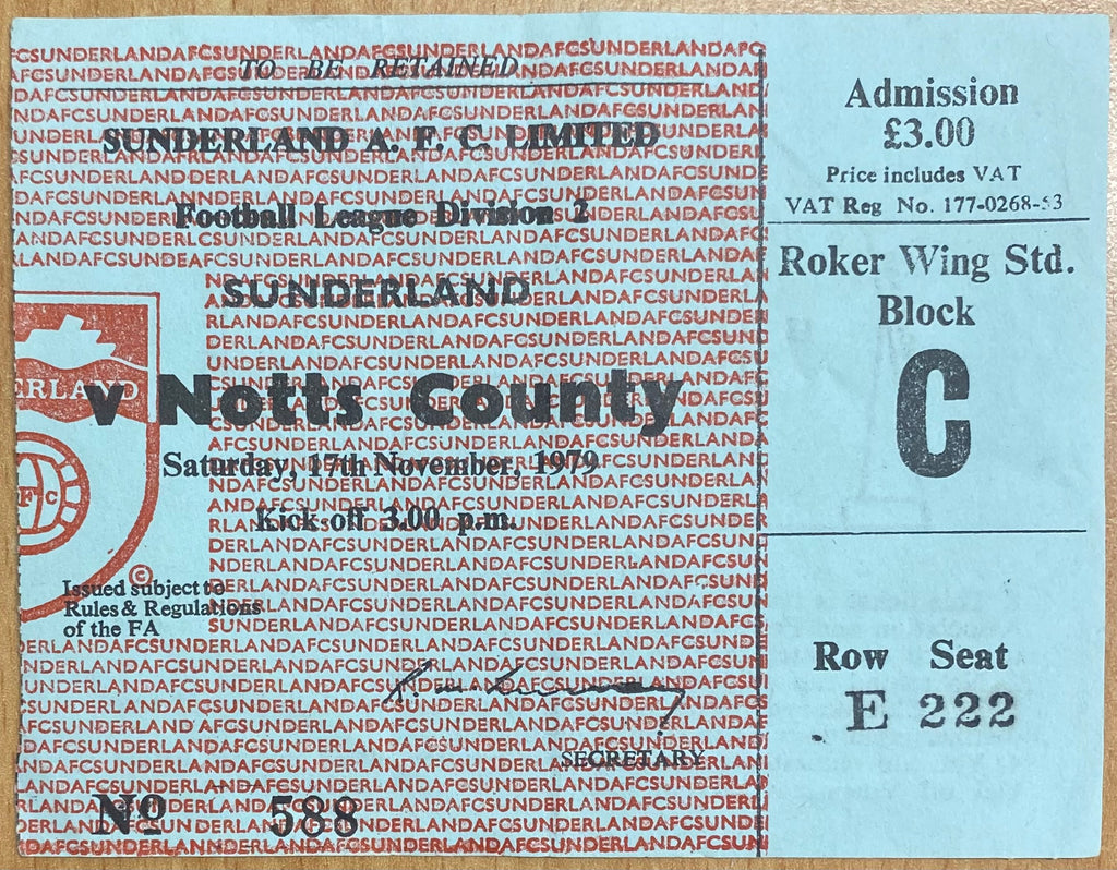 1979/80 ORIGINAL DIVISION 2 TICKET SUNDERLAND V NOTTS COUNTY