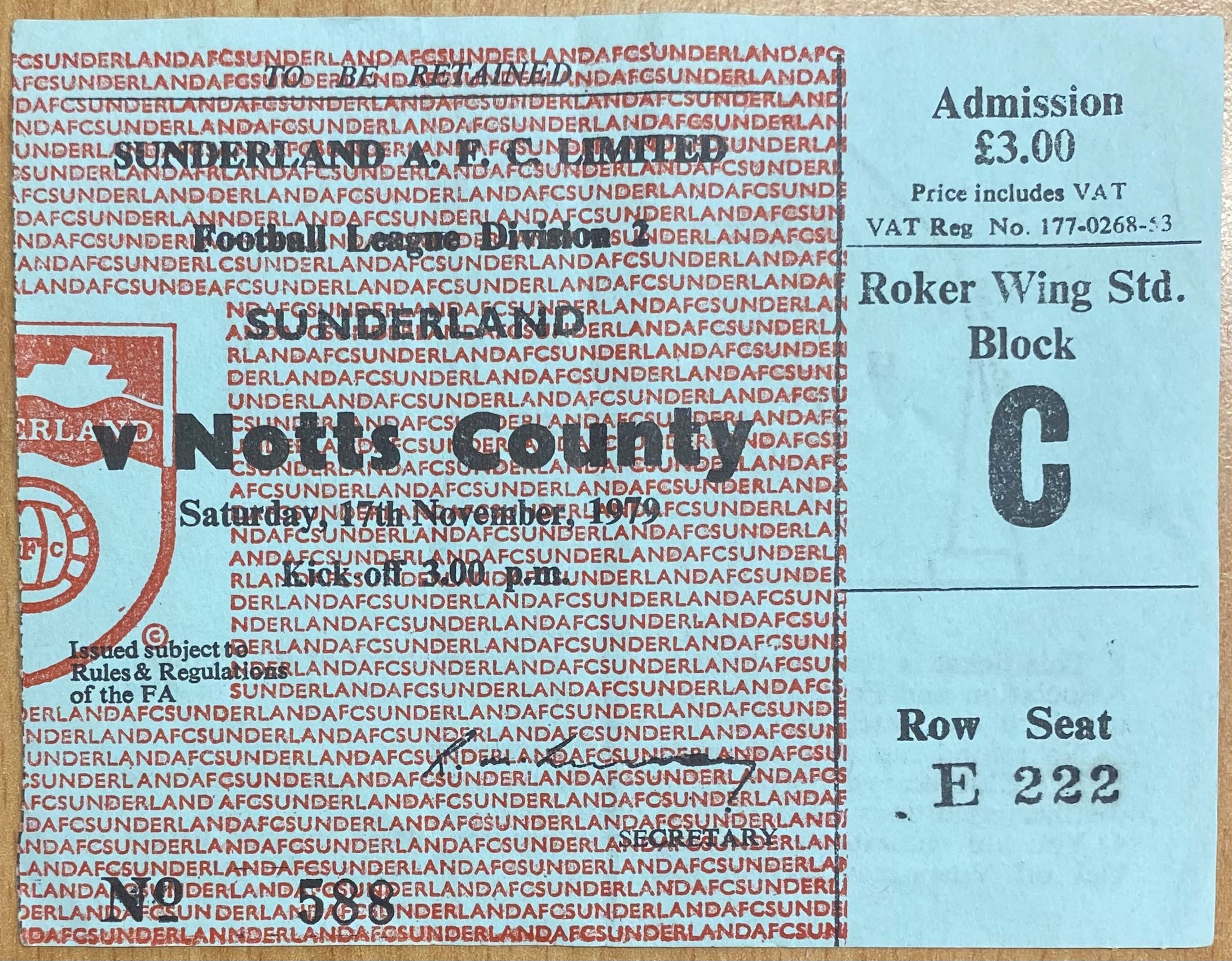 1979/80 ORIGINAL DIVISION 2 TICKET SUNDERLAND V NOTTS COUNTY