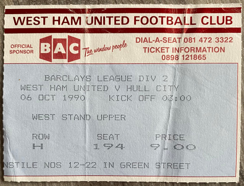 1990/91 ORIGINAL DIVISION 2 TICKET WEST HAM UNITED V HULL CITY