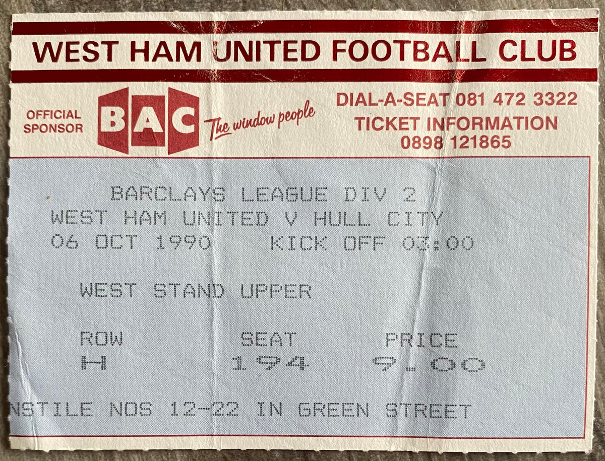 1990/91 ORIGINAL DIVISION 2 TICKET WEST HAM UNITED V HULL CITY