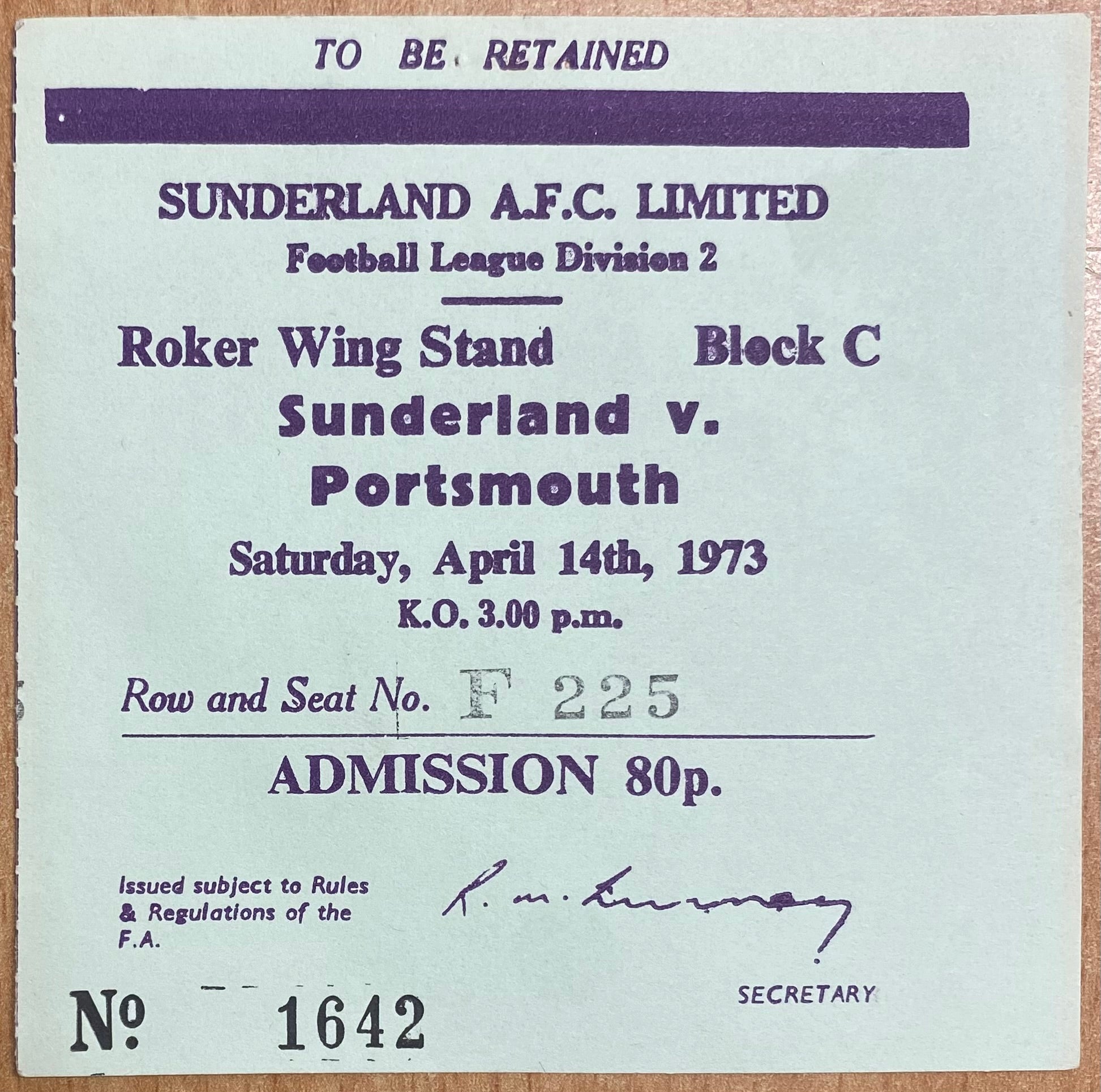 1972/73 ORIGINAL DIVISION 2 TICKET SUNDERLAND V PORTSMOUTH