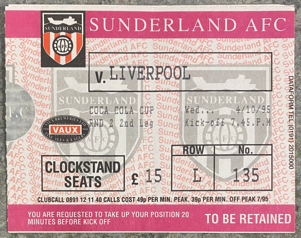 1994/95 ORIGINAL COCA COLA CUP 2ND ROUND 2ND LEG TICKET SUNDERLAND V LIVERPOOL