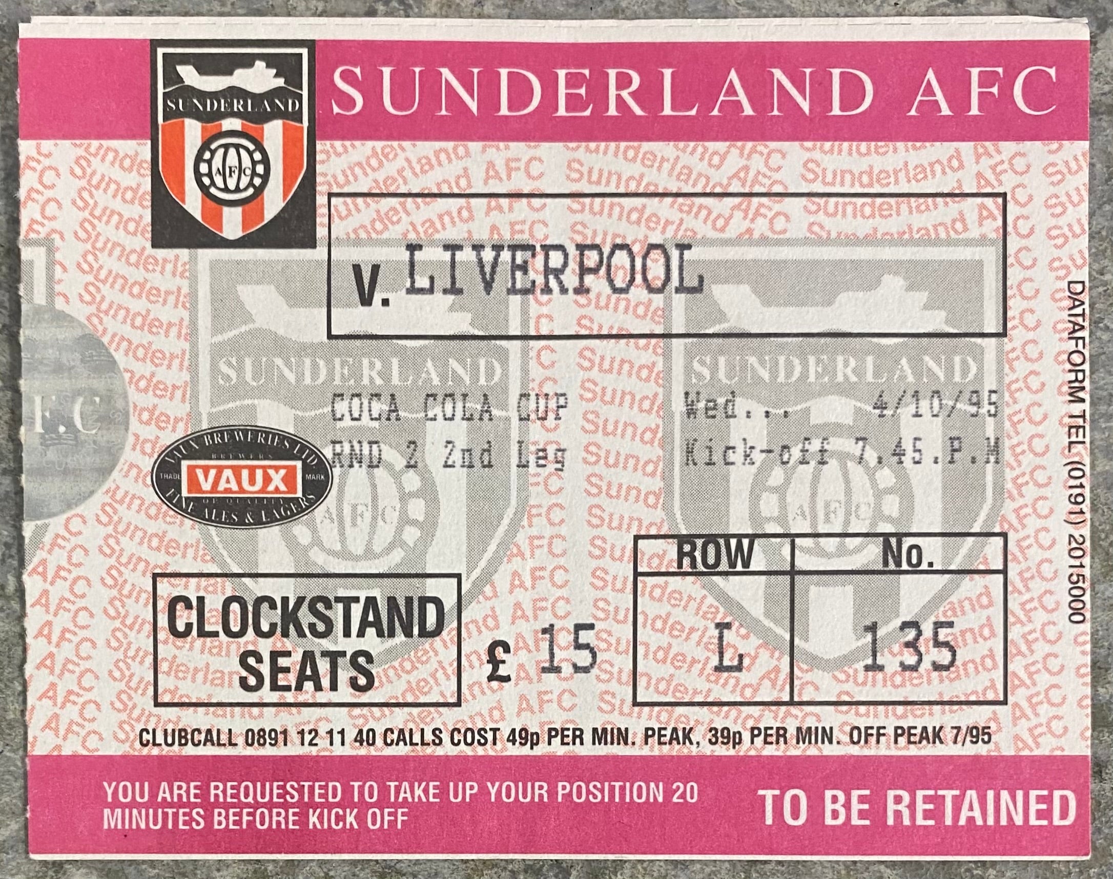 1994/95 ORIGINAL COCA COLA CUP 2ND ROUND 2ND LEG TICKET SUNDERLAND V LIVERPOOL