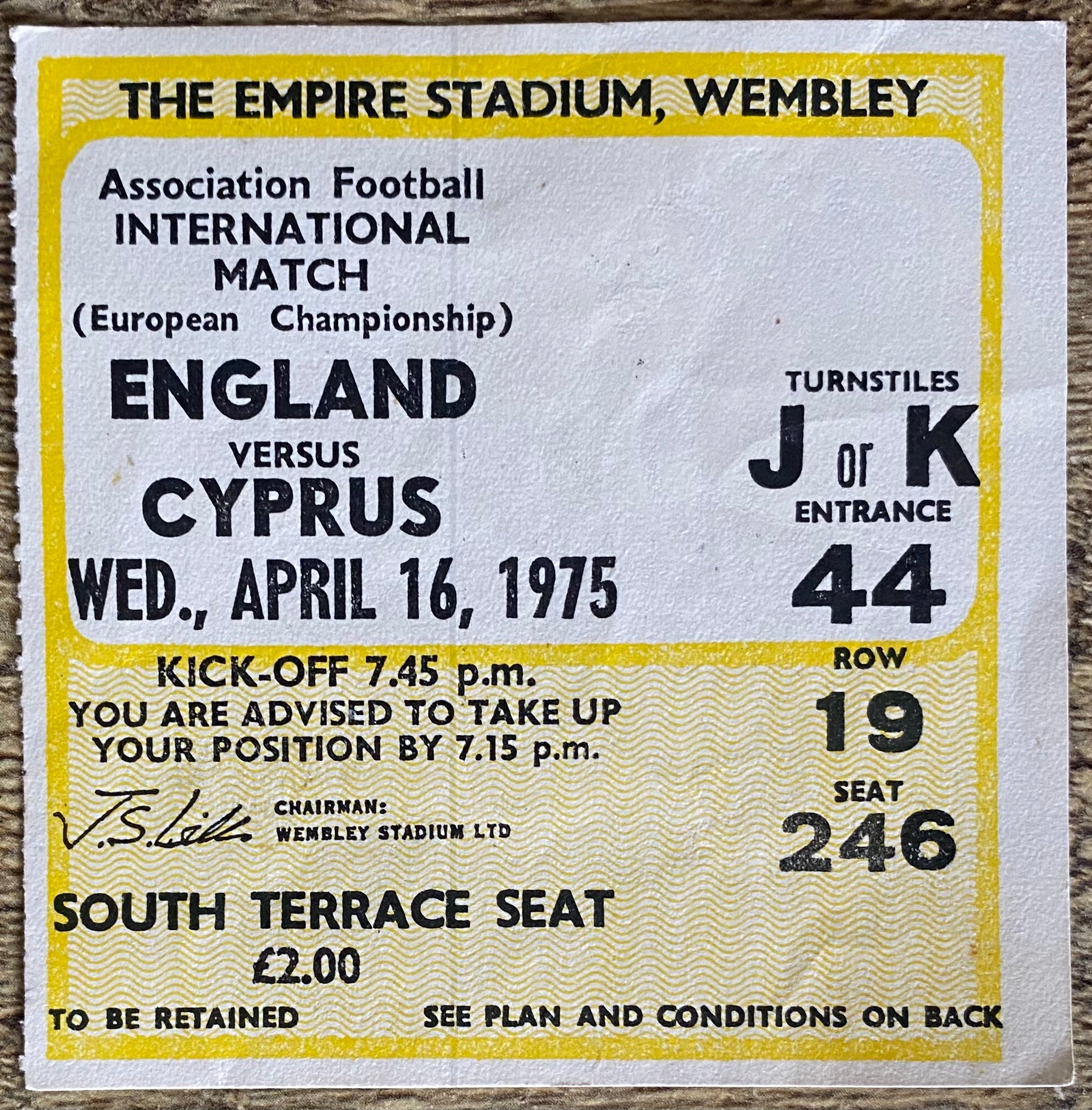 1975 ORIGINAL EUROPEAN CHAMPIONSHIPS QUALIFYING TICKET ENGLAND V CYPRUS