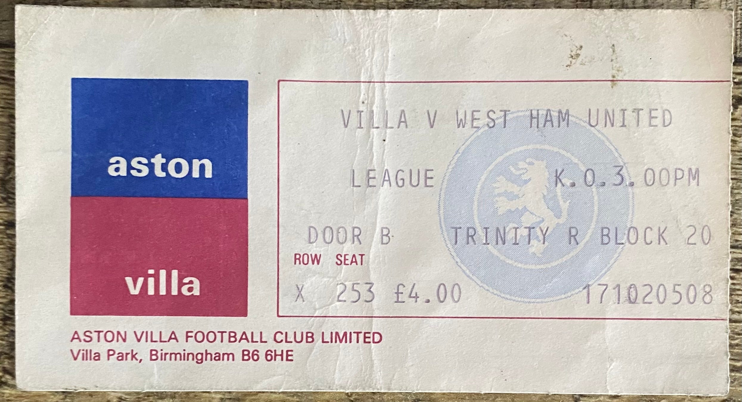 1981/82 ORIGINAL DIVISION 1 TICKET ASTON VILLA V WEST HAM UNITED