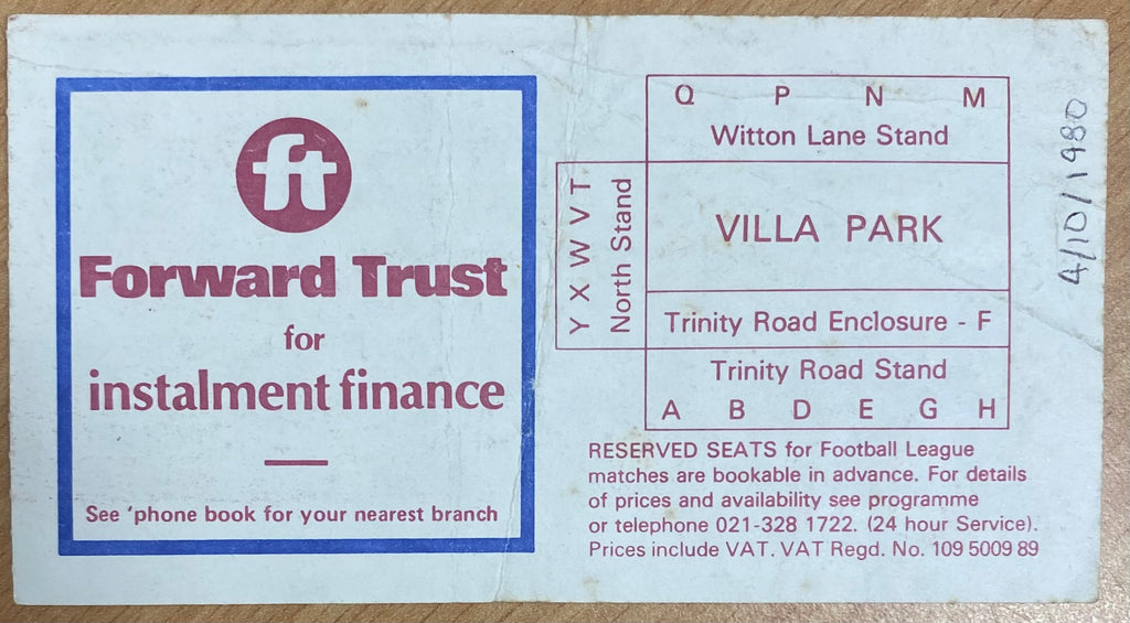 1980/81 ORIGINAL DIVISION 1 TICKET ASTON VILLA V SUNDERLAND