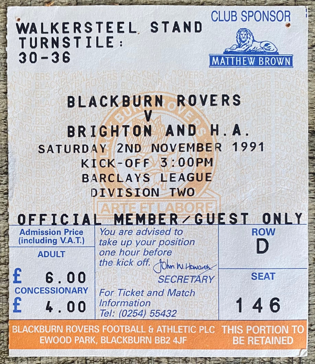 1991/92 ORIGINAL DIVISION 2 TICKET BLACKBURN ROVERS V BRIGHTON AND HOVE ALBION