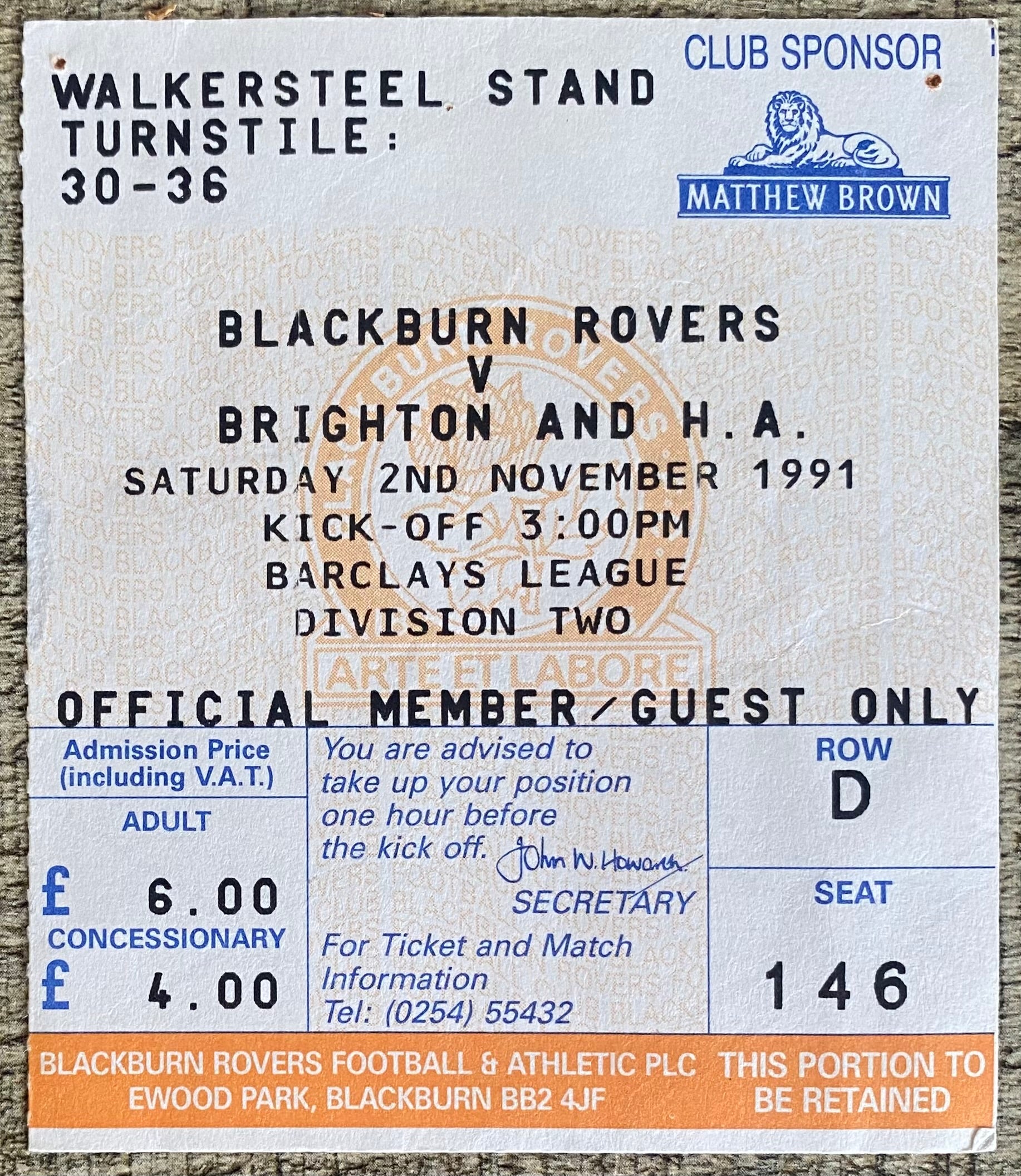 1991/92 ORIGINAL DIVISION 2 TICKET BLACKBURN ROVERS V BRIGHTON AND HOVE ALBION